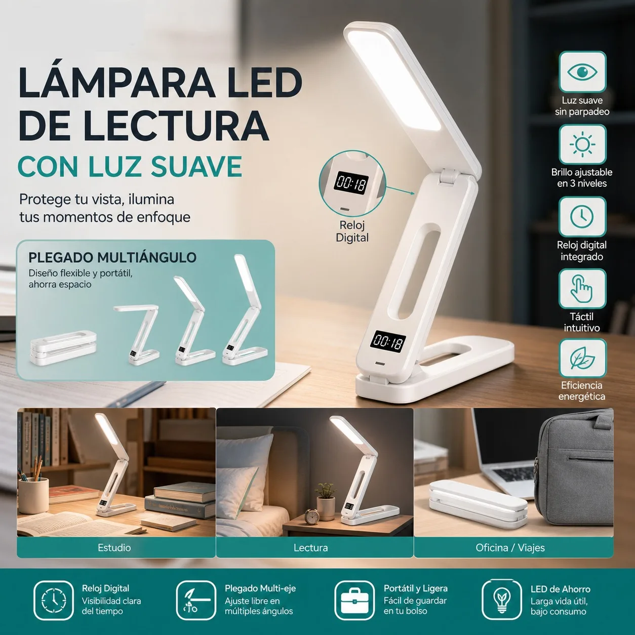 Foldable LED Desk Lamp with Digital Clock, USB Rechargeable Reading Light with 3 Brightness Levels, Portable Eye Protection Desk Lamp for Study and Office, White