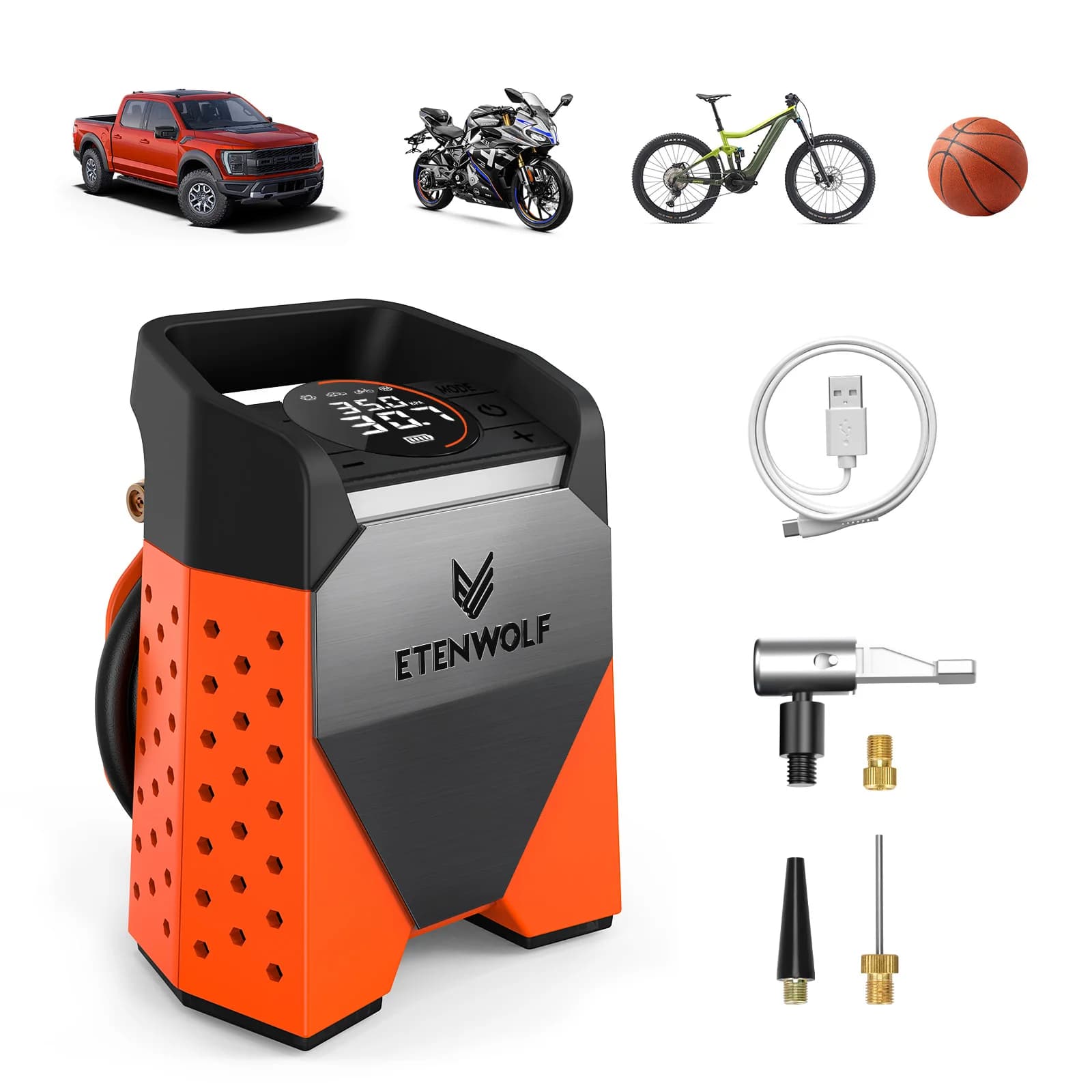 ETENWOLF S3C Cordless Air Compressor 7800mAh Car Tire Inflator 160 PSI 100% Duty Cycle for Cars, Motorcycles, Bicycles Balls