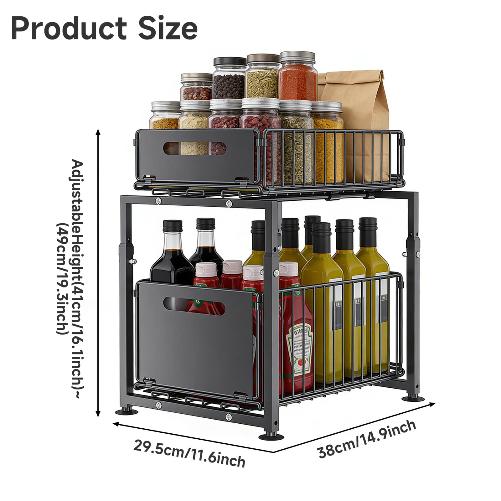 2-Tier Under Sink Storage Rack Kitchen Organizer Pull-Out Cabinet Drawer Height Adjustable Large Capacity Carbon Steel Drawers for Kitchen Pantry Bathroom