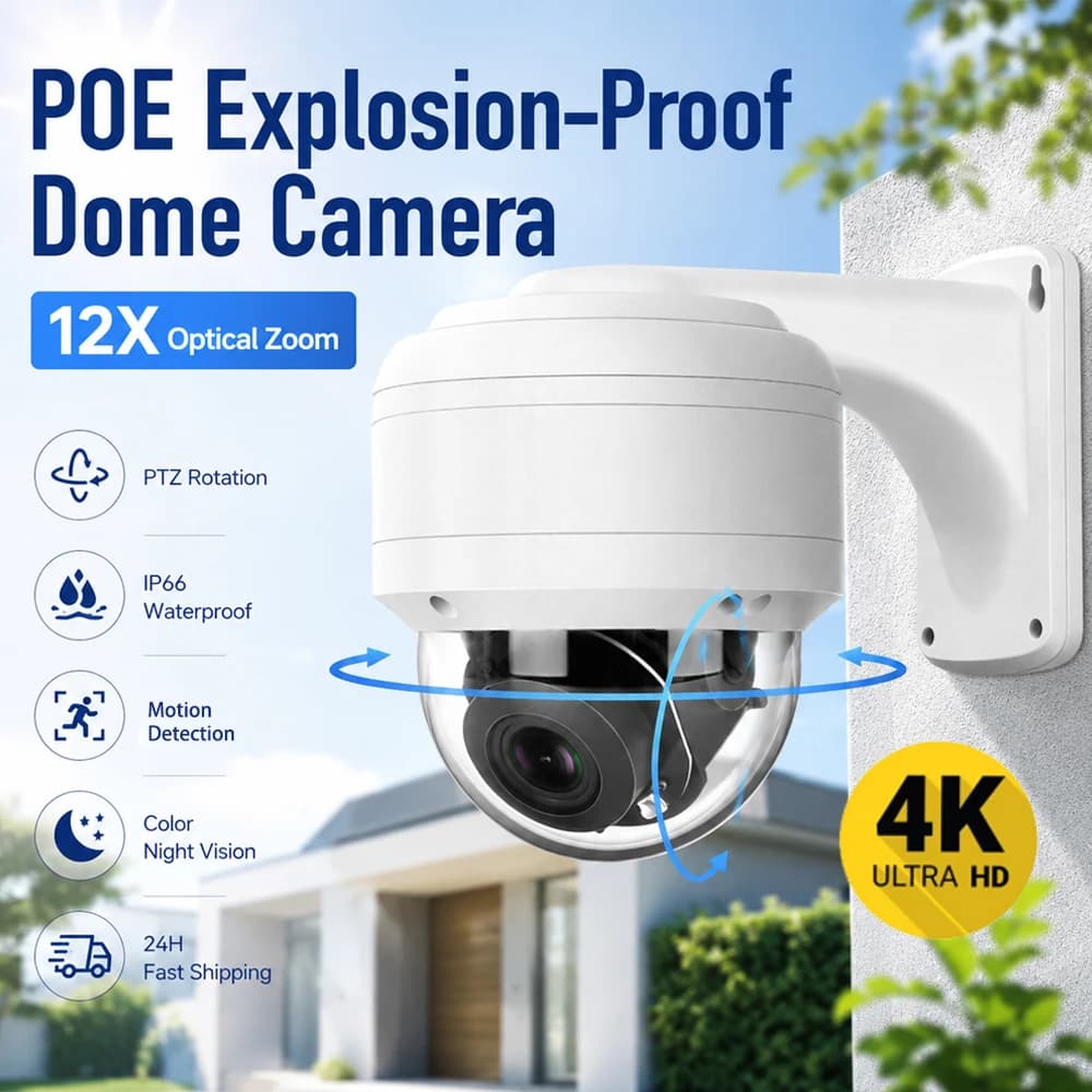 Hot Sale Explosion-proof Dome POE PTZ Camera 12X Optical Zoom Motion Detection IP66 Waterproof Infrared Night Vision Outdoor Security Surveillance Camera