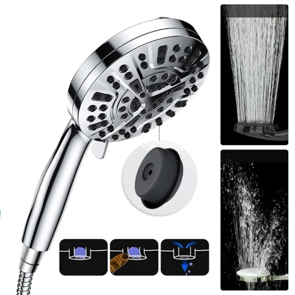 High-Pressure Shower Head with 10 Modes – 1.5m Stainless Steel Hose – Self-Cleaning Silicone Nozzles – Water-Saving Pause Mode – G1/2 Universal Fit – Easy Tool-Free Installation