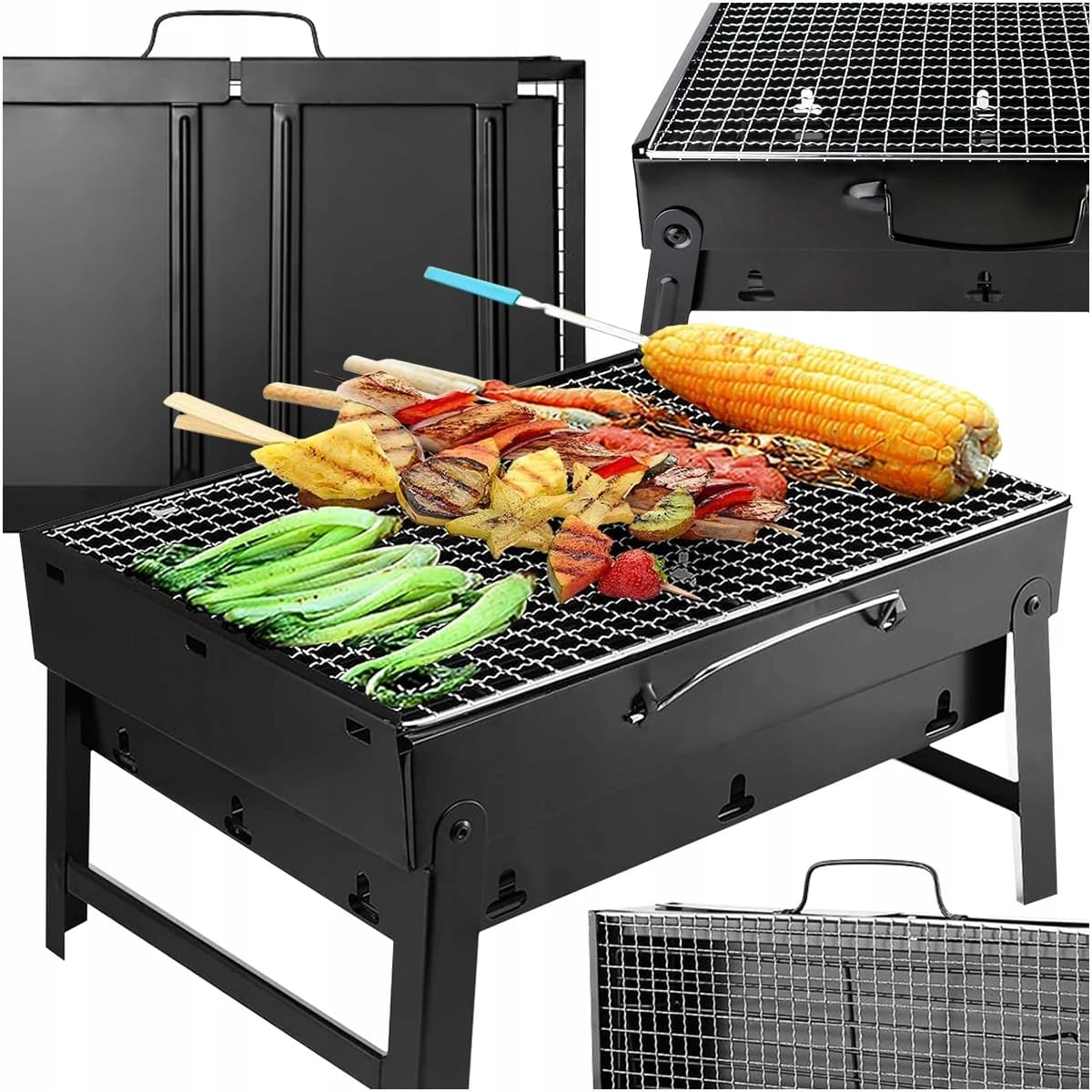 Portable Charcoal BBQ Grill Folding Suitcase Design Garden Camping Barbecue with Reinforced Cast Iron Grate Removable Firebox Ergonomic Handle 2024 Compact Model Ideal for Picnic Beach Mountain Trips Outdoor Cooking Family Gatherings Party Backyard