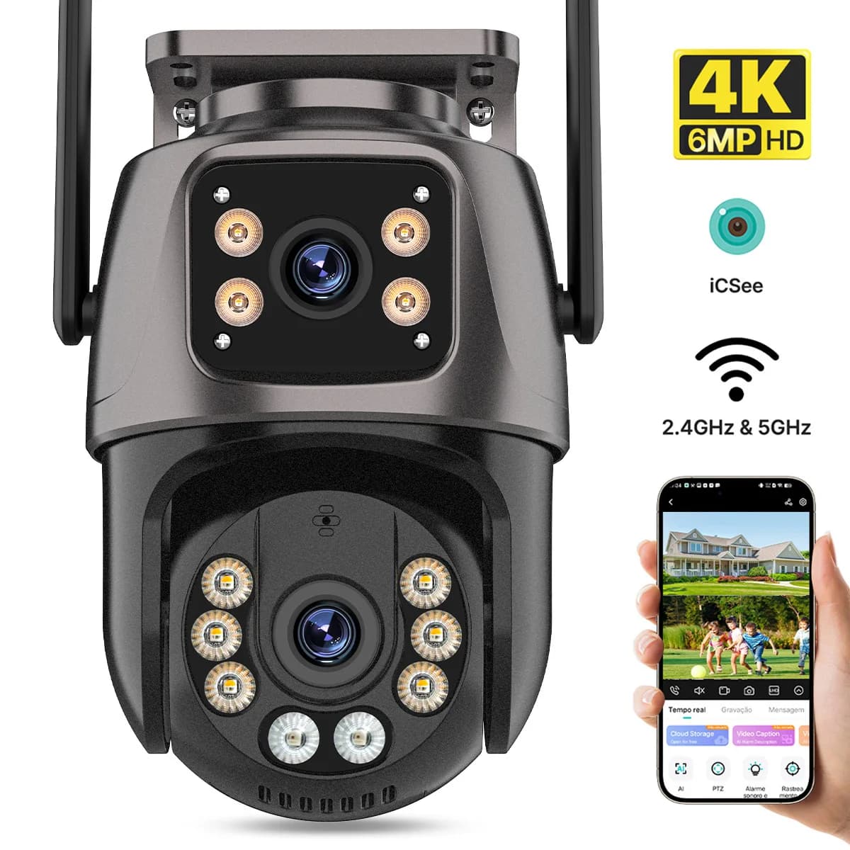 WONSDAR PTZ IP Camera WIFI Dual Lens Dual Screen 4K 6MP HD Security Camera Smart Outdoor Auto Tracking AI Humanoid Detection Color Night Visoin Video Surveillance iCSee