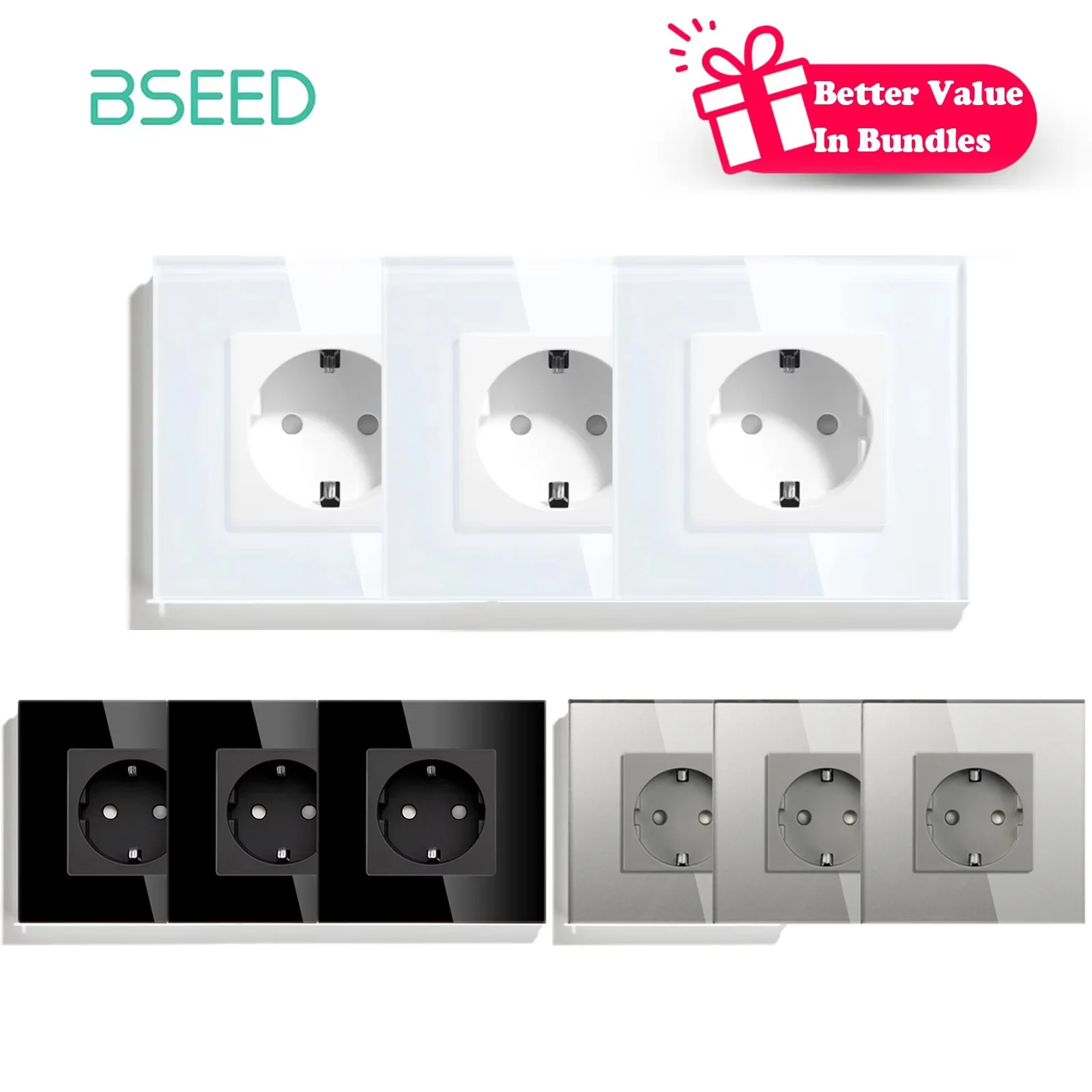 BSEED Wall Sockets Glass Frame Single Socket 16A EU Standard 110V - 240V Electrical Outlet Wall Mounted PACK