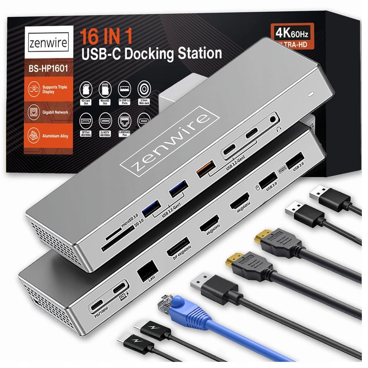 Zenwire Docking Station BS-HD1601 Hub USB-C 16W 2x HDMI 4K 60Hz Display Port 1.4 USB Socket SD Card Computer Peripherals