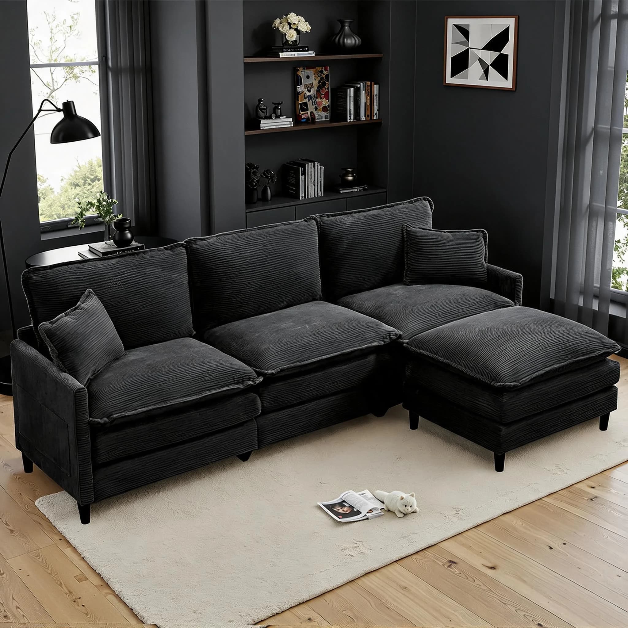 TCGBKAF L-Shaped Modular Corner Sofa Couch, 3 Seater Upholstered Sofa with Stool, Large L Shape Living Room Sofa Bed with 5 Throw Cushions & Double Seat Cushions for Home Bedroom Apartment
