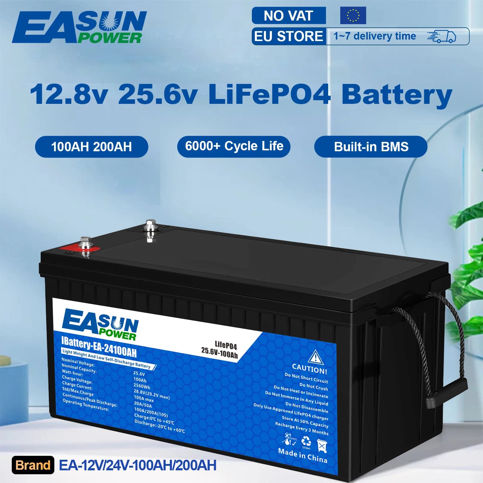 EASUN LiFePO4 Battery 12V 24V 100Ah 300Ah Lithium Iron Phosphate Battery Built-in BMS 6000+ Cyclic For Inverter Solar RV No Tax