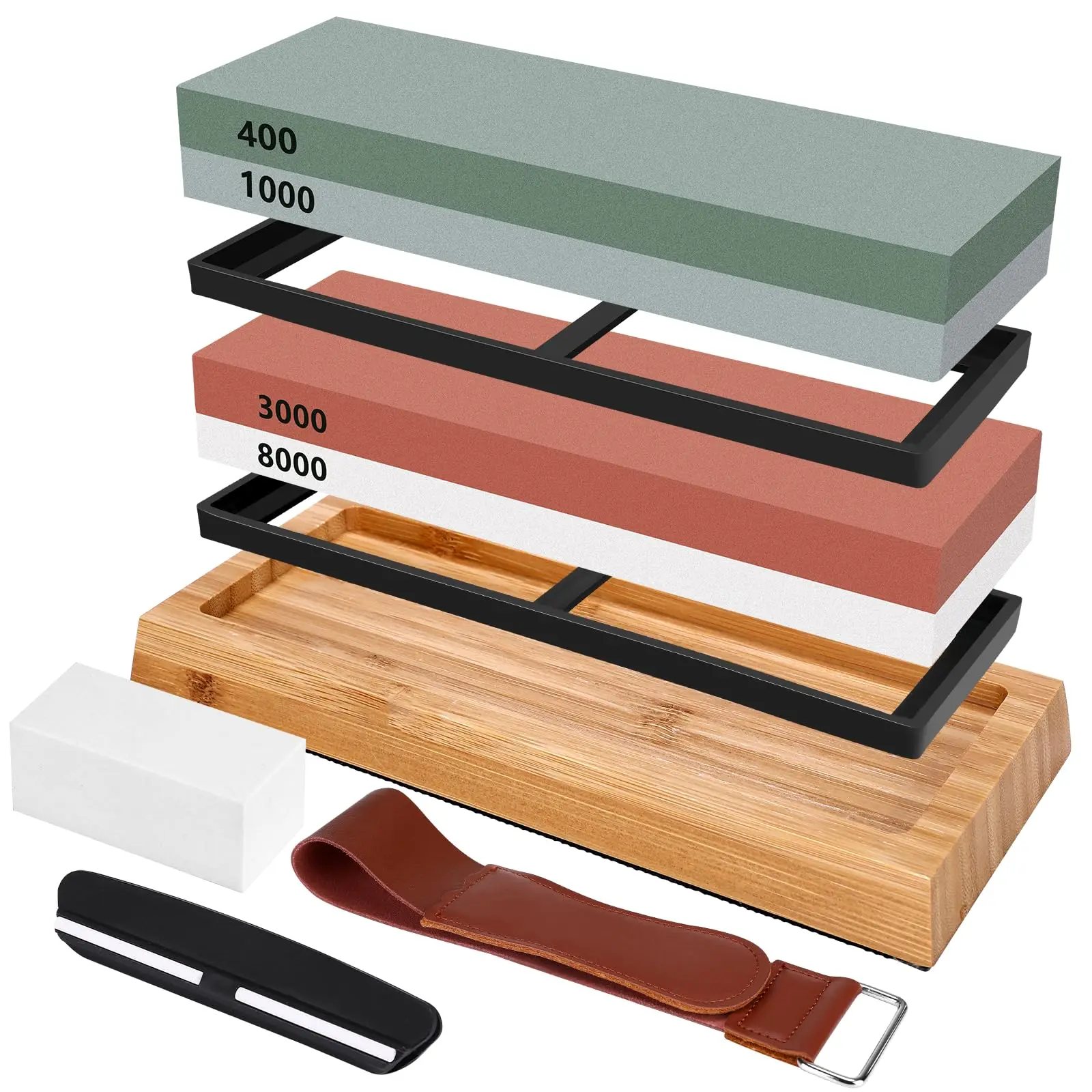 Whetstone Set Sharpening Stone Sharpener Stone Non-slip Bamboo Base Grit 400 1000 3000 8000 for Sharpening Knives Wet Stone