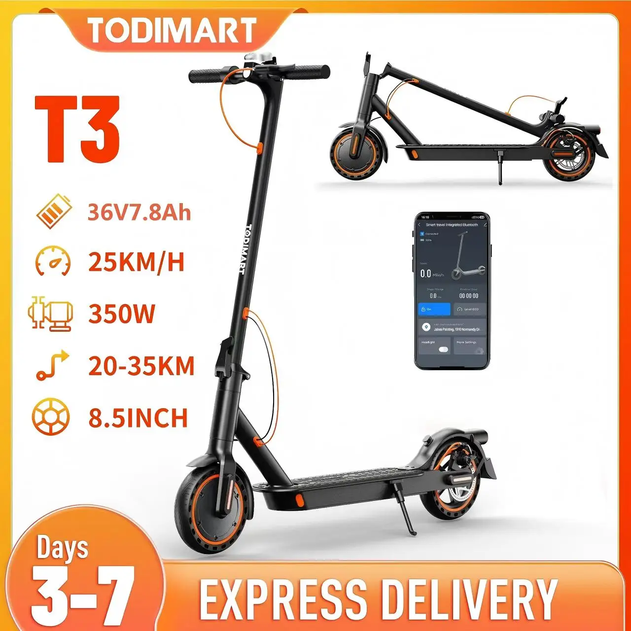 TODIMART T3 adult electric scooter, 350W engine, 36V 7.8AH, 20-30KM range, 25km/h speed, APP, 8.5-inch E-scooter