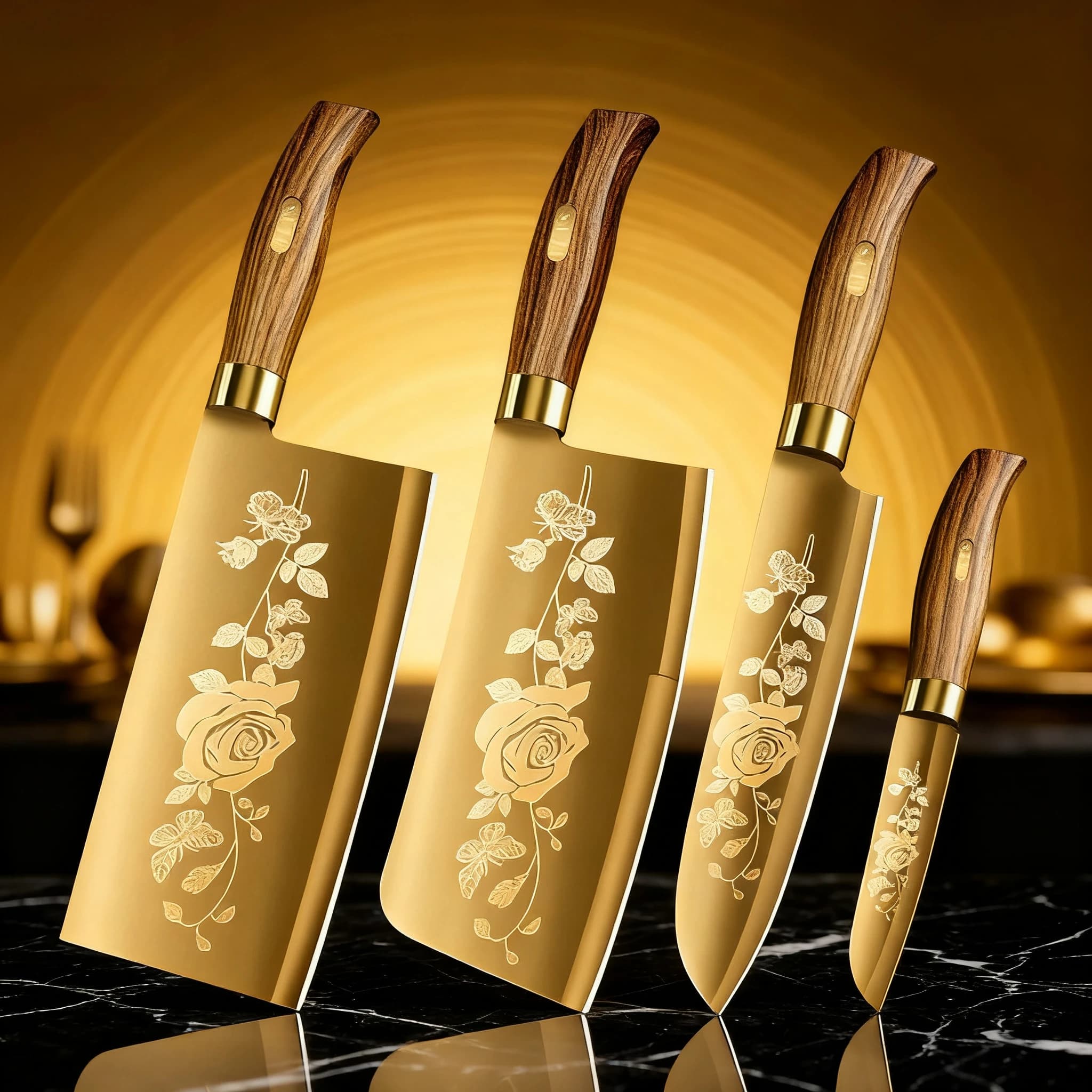 4-Piece Titanium Gold Kitchen Knife Set - Sharp Chef Utility Slicing Boning Knives for Meat Bone Cutting Home Commercial Use