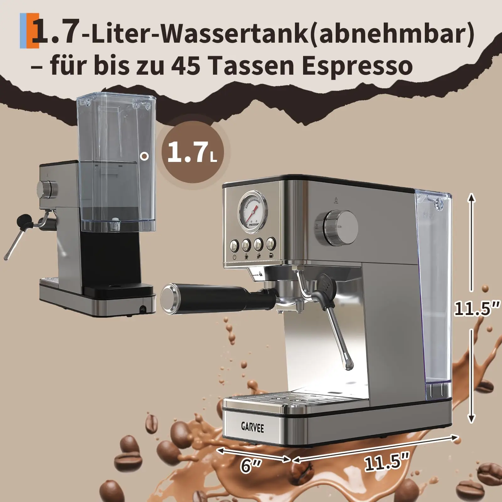 Stainless Steel Espresso Machine, 15/20 Bar Pressure 1200W Thermoblock Coffee Maker with 1.7L Large Water Tank and Steam Wand, Professional Coffee Brewer for Home and Cafe Use