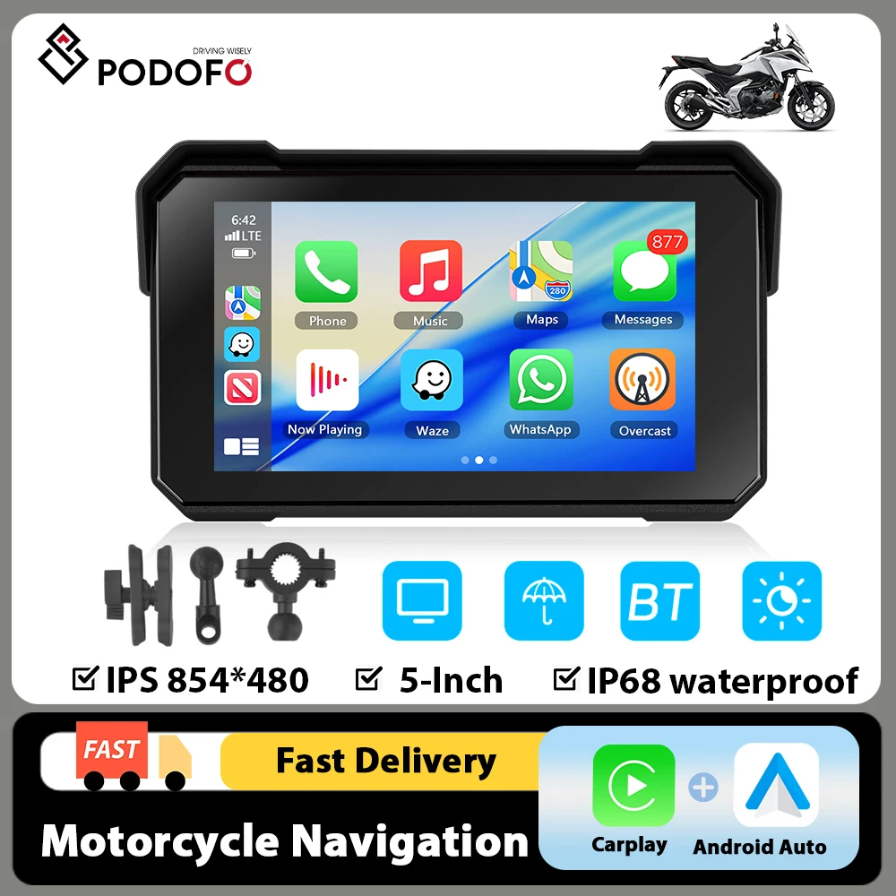 Podofo 5" HD Screen Motorcycle GPS Navigation Portable Smart Player Wireless Carplay Android Auto Display Player Support Waterproof Moto Monitor