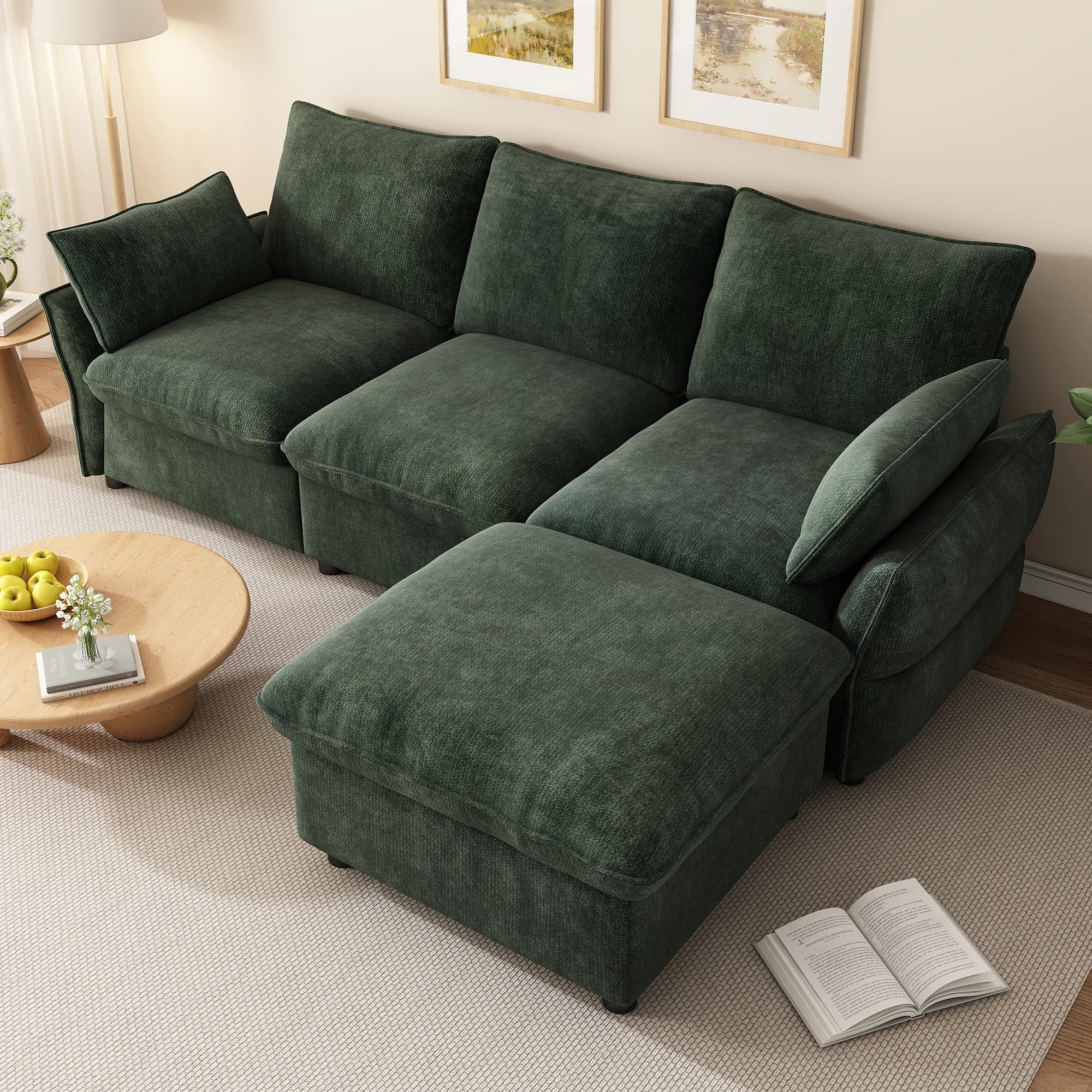 Modern L-Shaped Chenille Sectional Sofa with Ottoman and 2 Throw Pillows - 3-Seater Couch with Flexible Footstool for Living Room, Apartment, Dark Gray