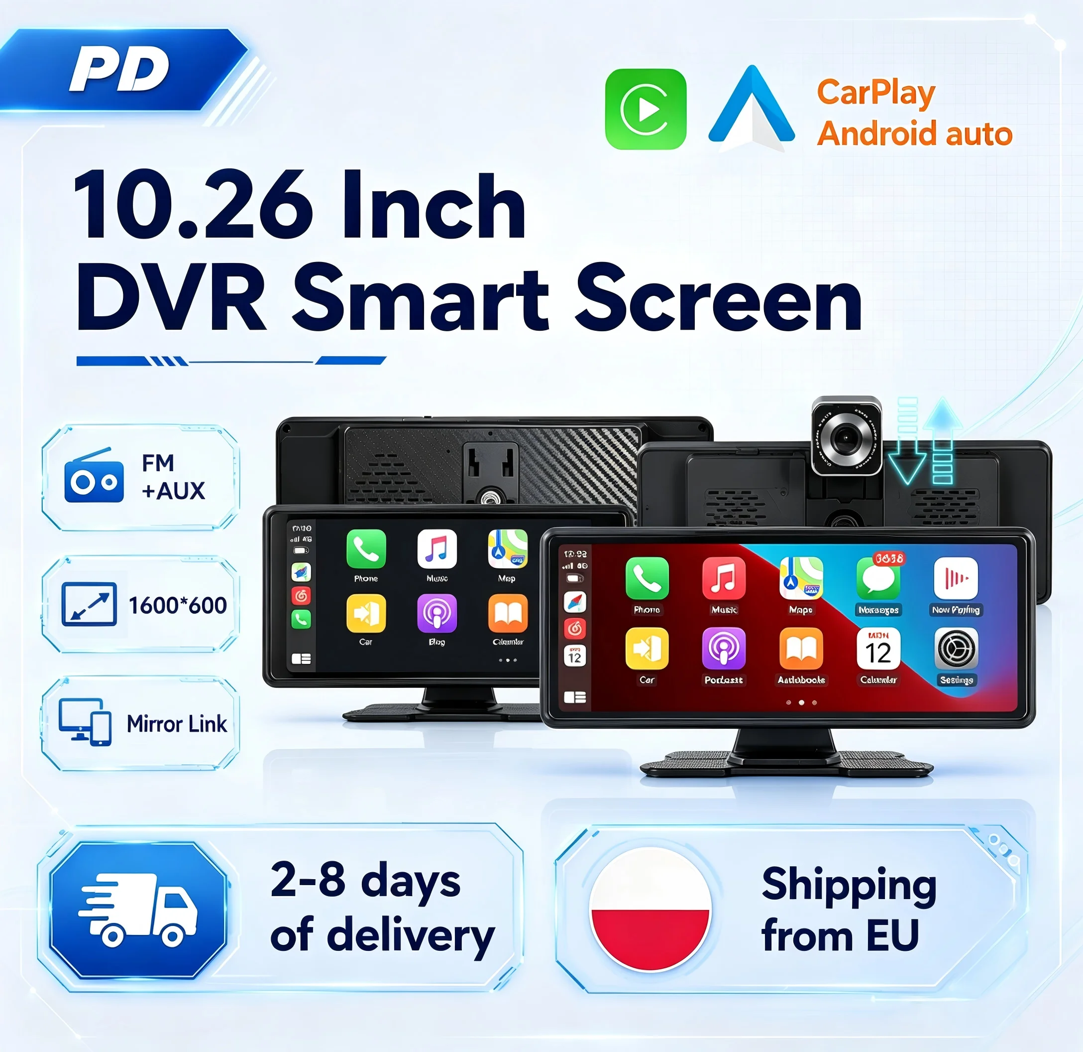 EU Warehouse 10.26inch Dash Cam Wireless CarPlay & Android Auto Portable Car DVR Intelligent Systems Video Recorder GPS Navigation 1600*600 IPS Screen Support AHD Camera FM AUX
