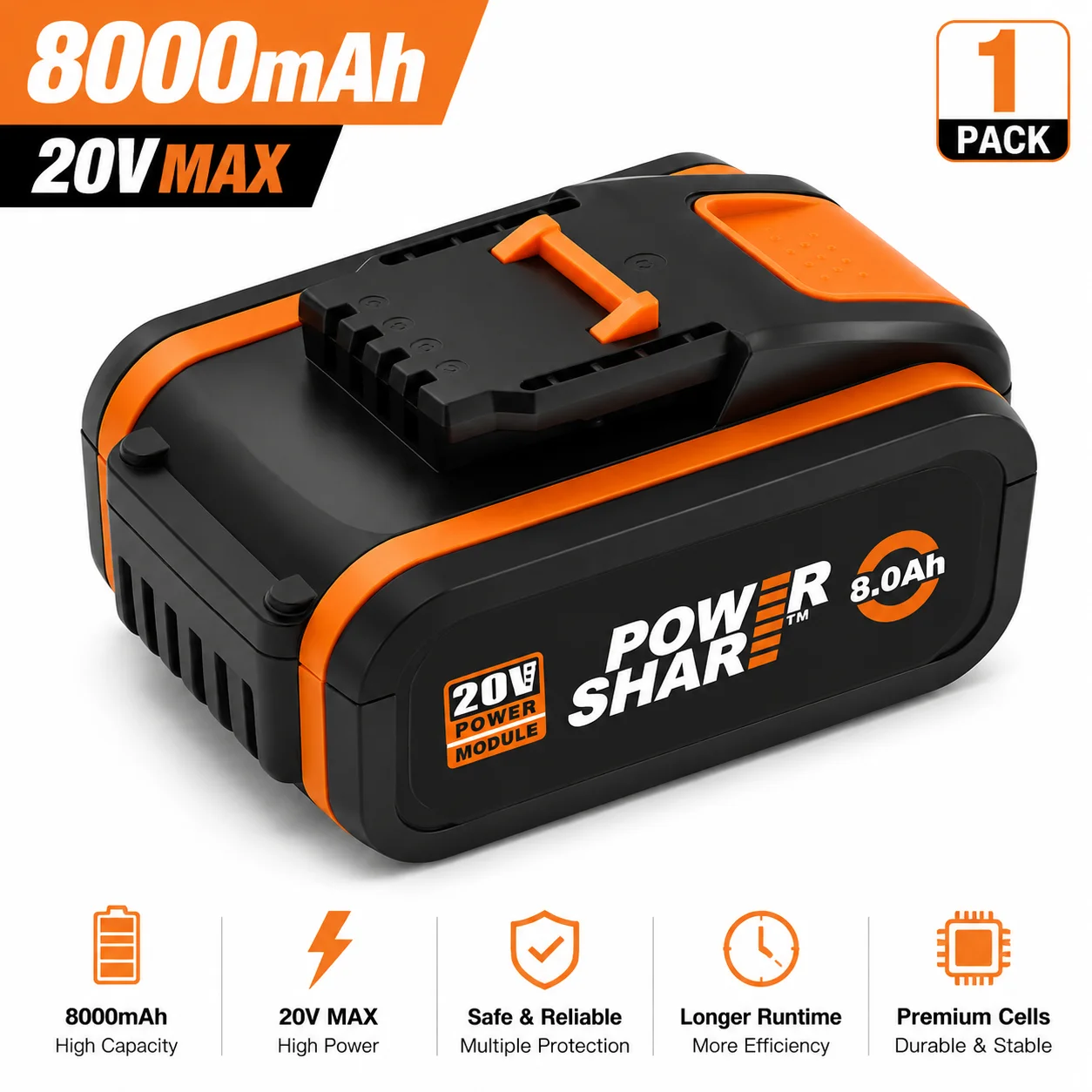 Extended Runtime Durable Lithium Ion Battery for WORX 20V Tools, 8.0Ah Large Capacity, Interchangeable with WA3551 & WA3553, Compatible WX Series Tools,