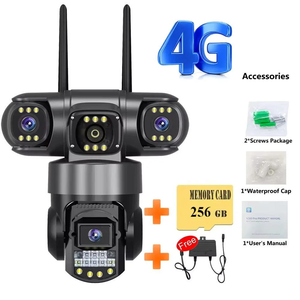 4G Camera With Sim Card 12MP 6K Three Lens Three Screen Monitor Night Vision Security Protection V380 Pro PTZ Video Surveillance