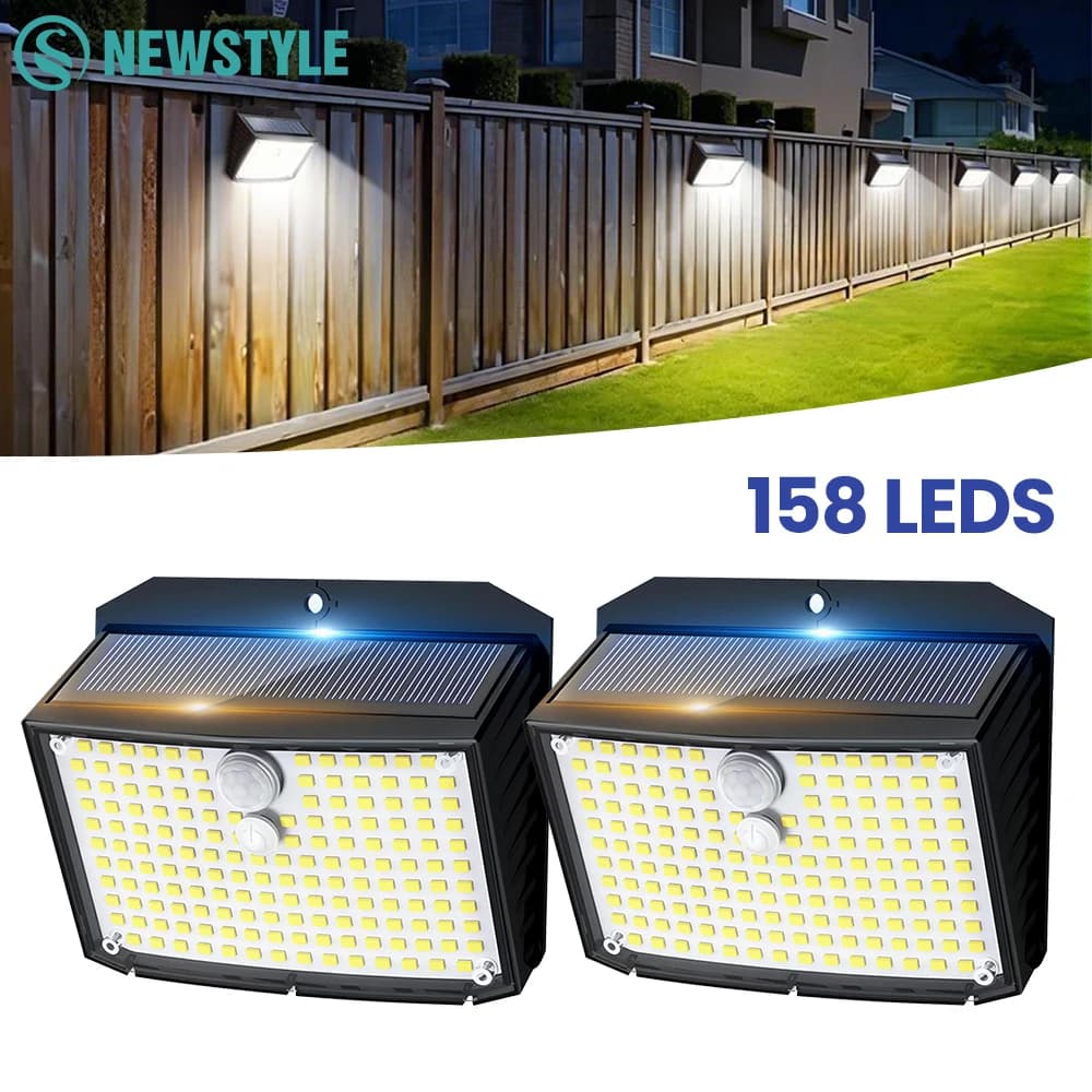 158LED Motion Sensor Solar Outdoor Wall Lights Super Bright Solar Lights Outdoor Waterproof 3 Lighting Modes Security Wall Light For Outside Walking Fence Backyard Deck Garden Door Step Garage