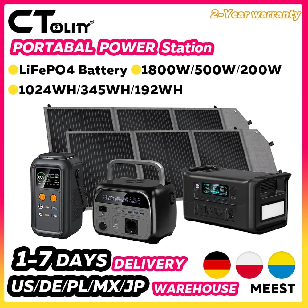 CTOLITY 1024Wh 345Wh 192Wh Portable Solar Generator Energy Storage Lifepo4 Battery Power Bank for Outdoor USB Type-C Solar Panel
