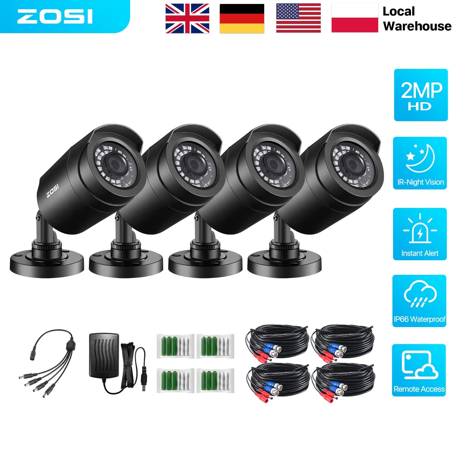 ZOSI 1080P HD TVI Security Camera Bullet Outdoor 80ft IR Night Vision Motion Detection 2MP HD CCTV Surveillance Cameras 2Pack/4Pack