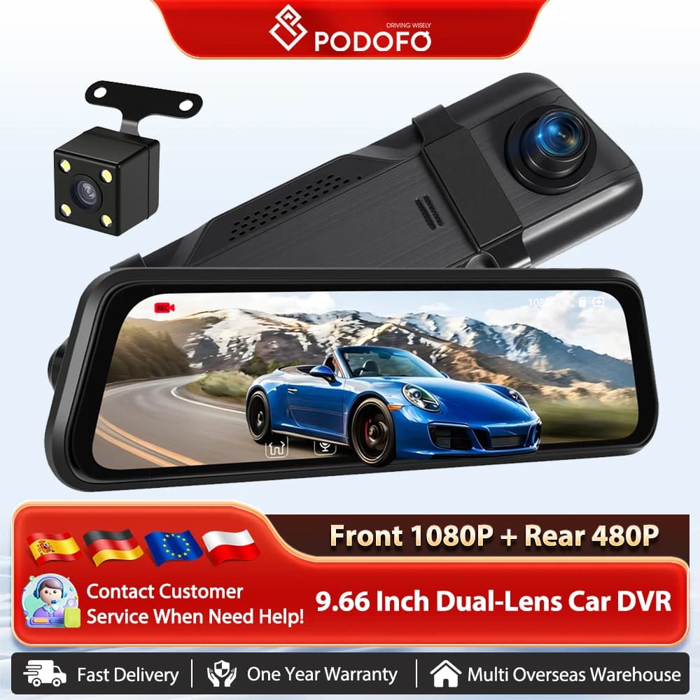 Podofo Car Rearview Mirror Recorder Dashcam Loop Recording Car Night Vision Video Recorder Reverse Assist with 480P Rear Pull