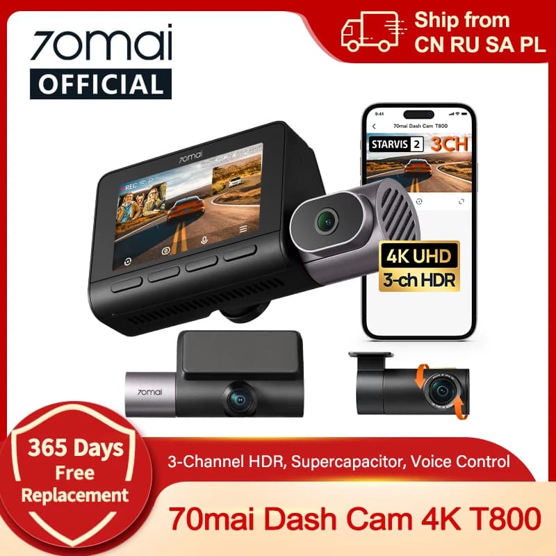 70mai Dash Cam 4K T800 3-Channel HDR Supercapacitor Front Rear Cabin Record GPS Car DVR 70mai T800 24H Parking Guard Support 4G