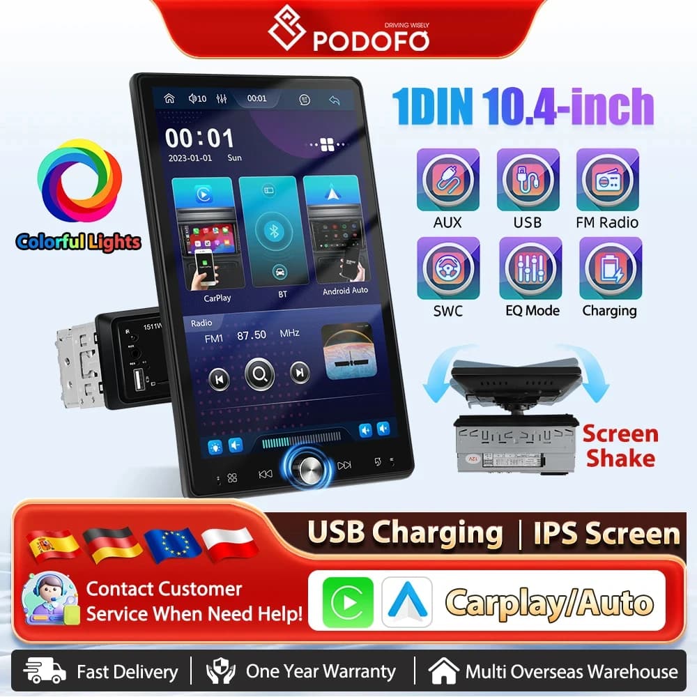 Podofo 10.4'' Vertical Screen Multimedia Player Wireless Carplay Android Auto FM/RDS BT Mirror Link MP5 Car Stereo