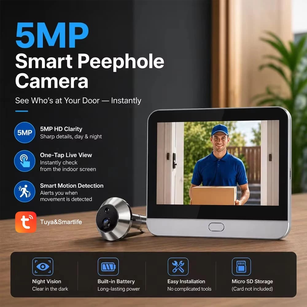 5MP Smart Peephole Doorbell Camera 4.3" Inch Screen PIR Detection One-Way Audio Tuya App Remote Video Monitor For Home Security