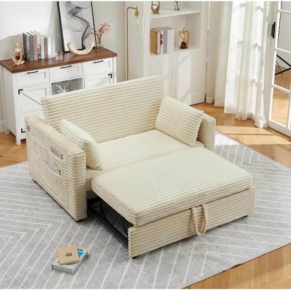 Garvee Cord Loveseat Sleeper Sofa | Adjustable Backrest, Pull-Out Bed, Built-in Charging Station, Side Pockets, Modern for Living Room, Bedroom, Apartment –  White