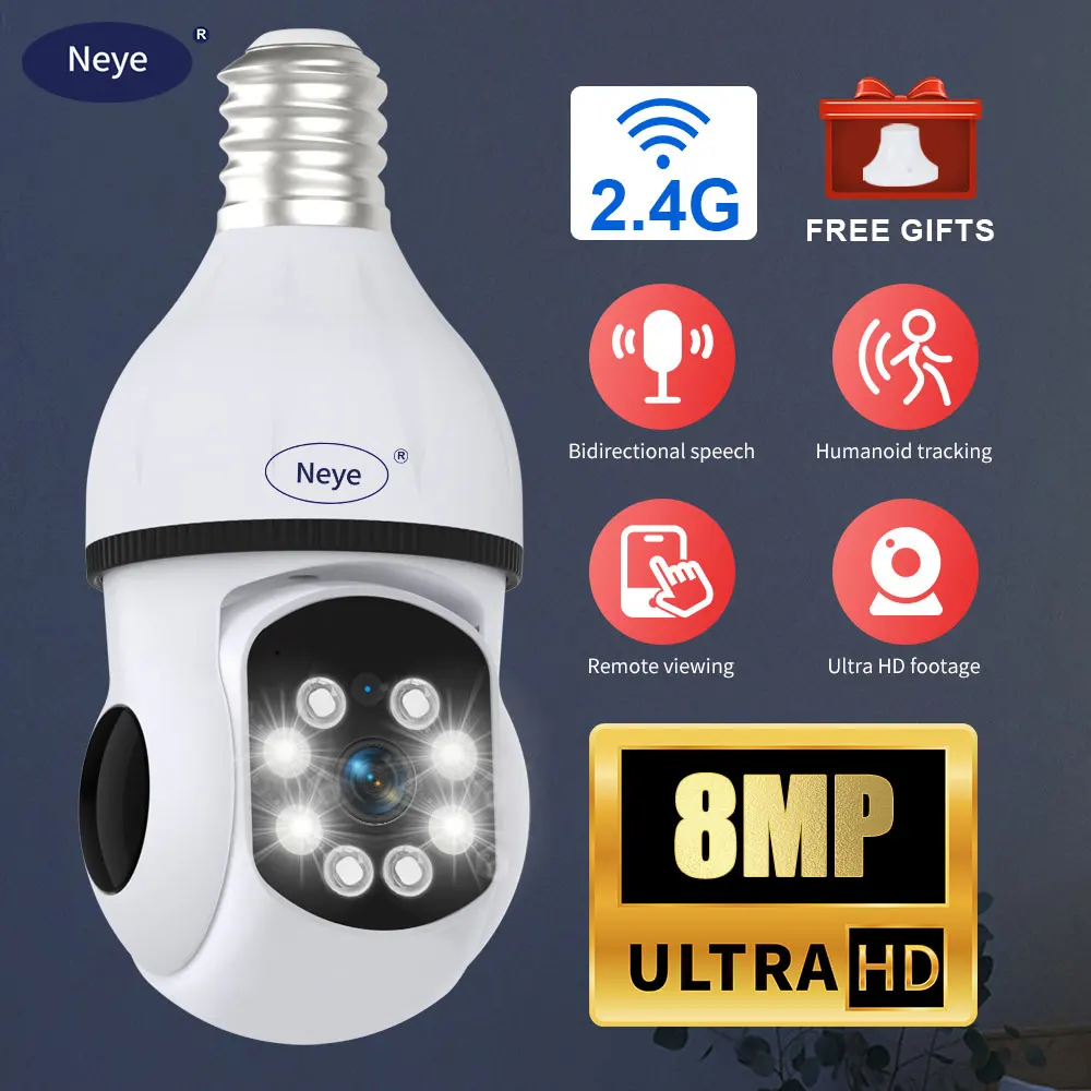 8MP 4K Spotlight E27 Bulb WiFi Camera Home Indoor 10X Zoom Pan Tilt IP Camera AI Automatic Tracking Security Camera