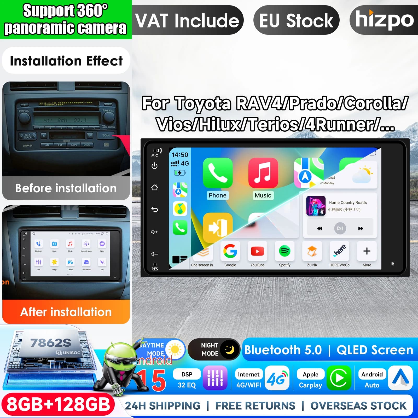 Hizpo 7'' 2Din Car QLED Screen Android Universal Car Radio Multimedia Video Player Stereo Carplay for Toyota CAMRY CROWN COROLLA RAV4 HIACE 2 DIN Radio Autoradio GPS Stereo Smart Intelligent Systems IPS Touch Screen Head Unit Navigation BT GPS 4G WIFI FM