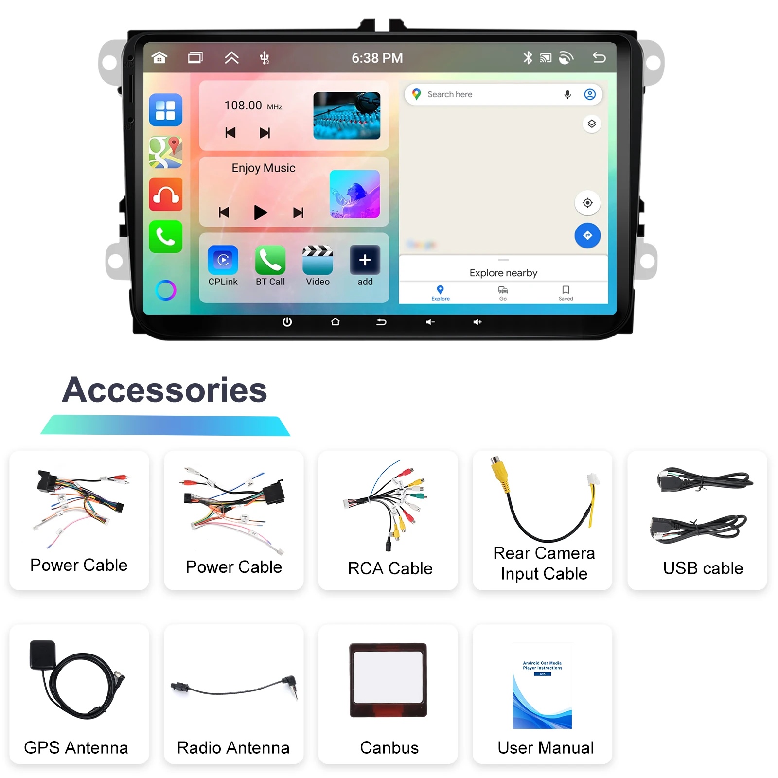 Podofo 6+128G Wireless CarPlay Car Autoradio Android Auto GPS Navigation AI Voice Multimedia Player for VW WIFI DSP FM/RDS EQ BT