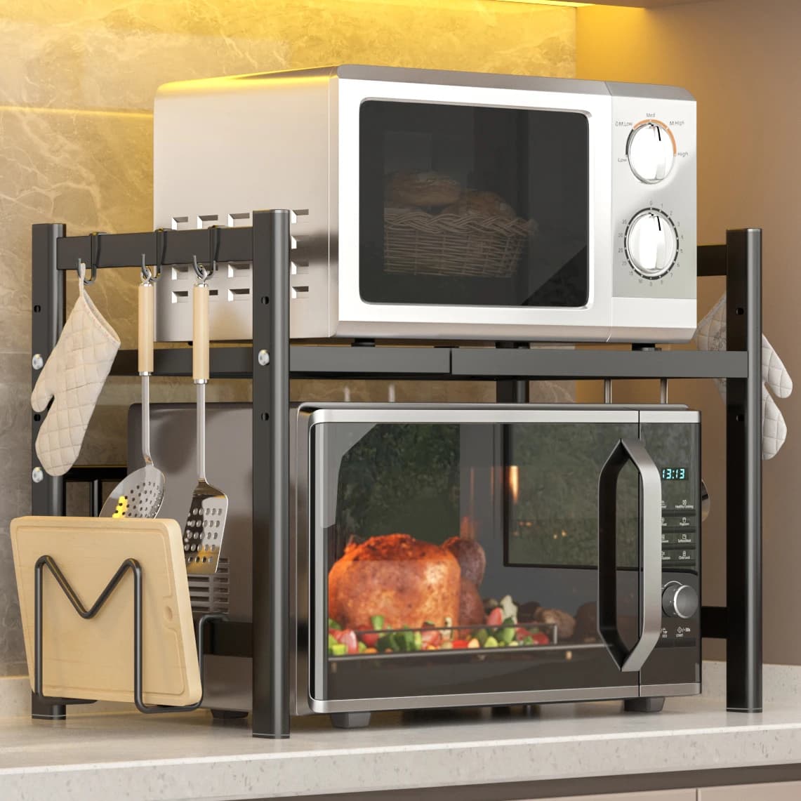 Expandable Microwave Shelf, Microwave Oven Rack Stand Holder Kitchen Corner Shelf Desktop Printer Shelf Rack, Bakers Rack