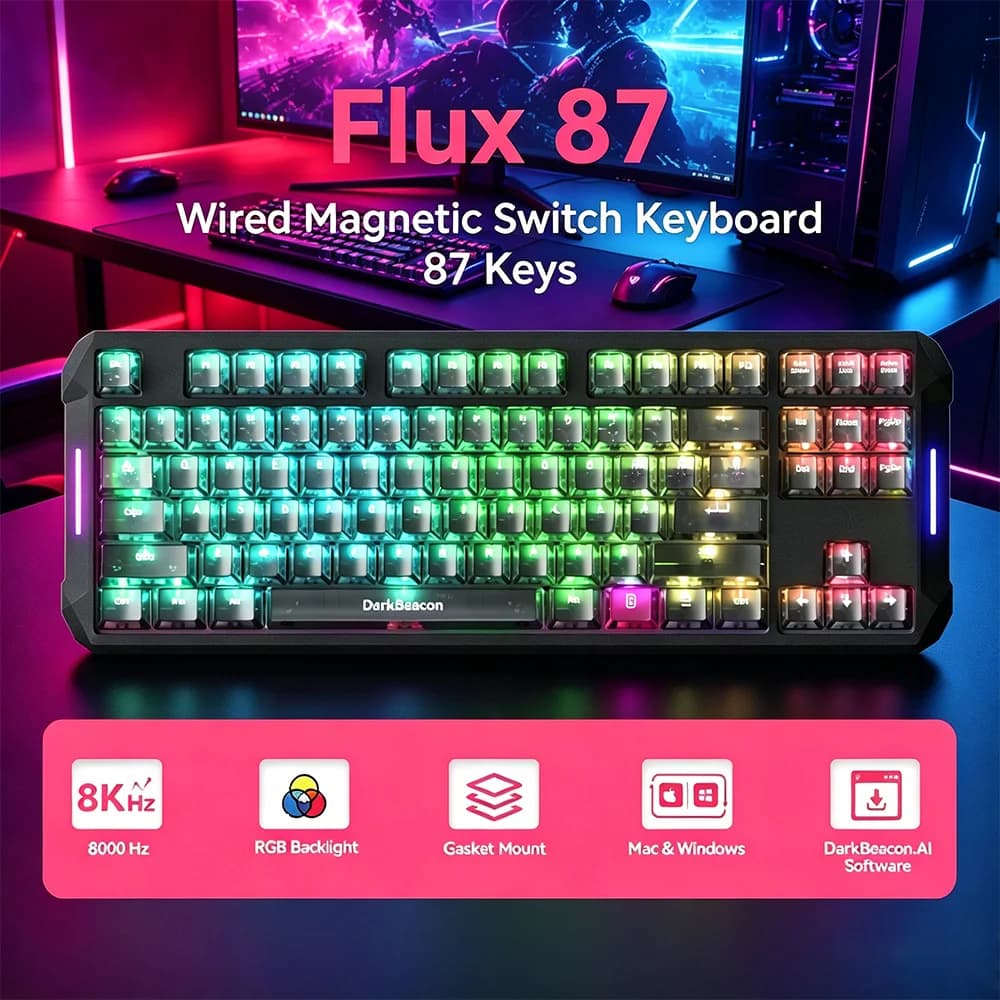 DarkBeacon Flux 87 Hall Effect Gaming Keyboard Wired, 80% Layout PC MAC Esports Keyboards, Red HE Magnetic Switch, 0.01mm Rapid Trigger, Adjustable Actuation, 8000Hz Polling, Hot Swappable, RGB Backlit, RS/SOCD/DKS/MT