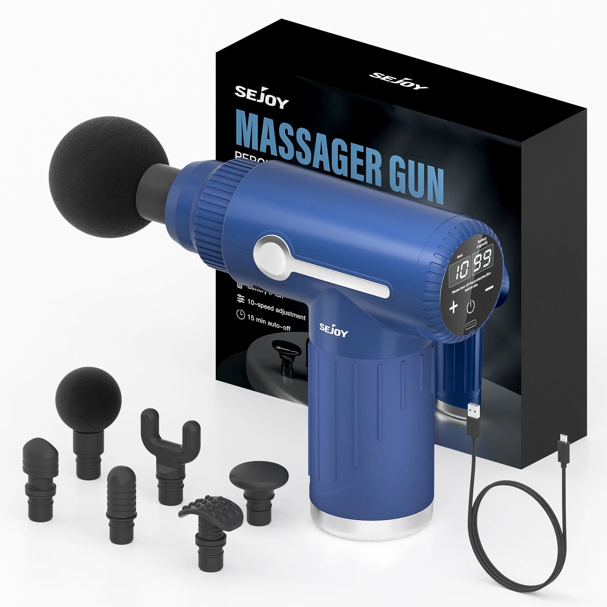 SEJOY Portable Fascia Gun 6 Heads Vibration Massage Gun For Body Neck Back Deep Muscle Relaxation 10 Gears LCD Touch Screen