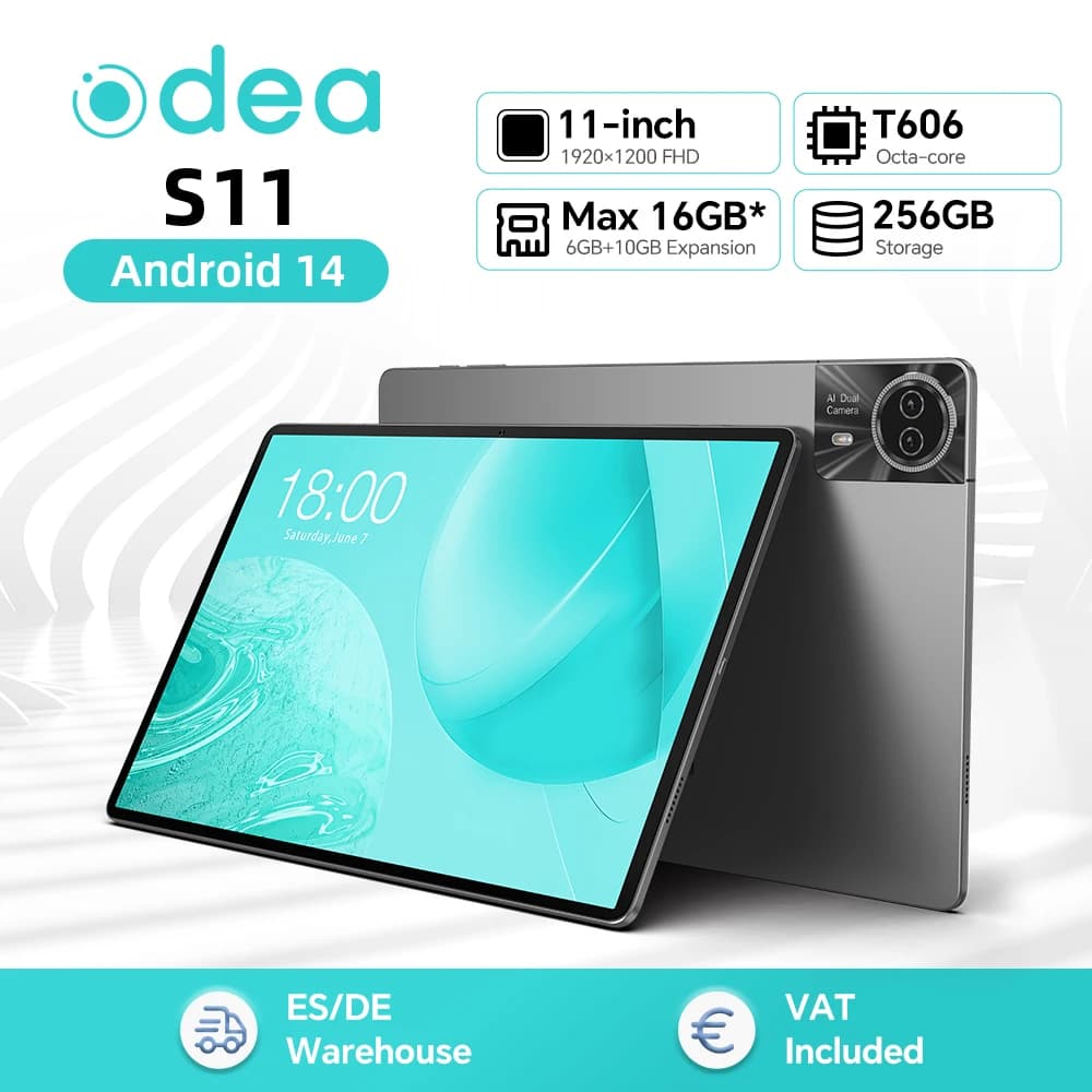 Odea S11 Tablet Android 14 Max 16GB RAM 256GB ROM T606 8-core 11 inch TDDI Tablets 4G VoLTE GPS 8000mAh Widevine L1 Type-C