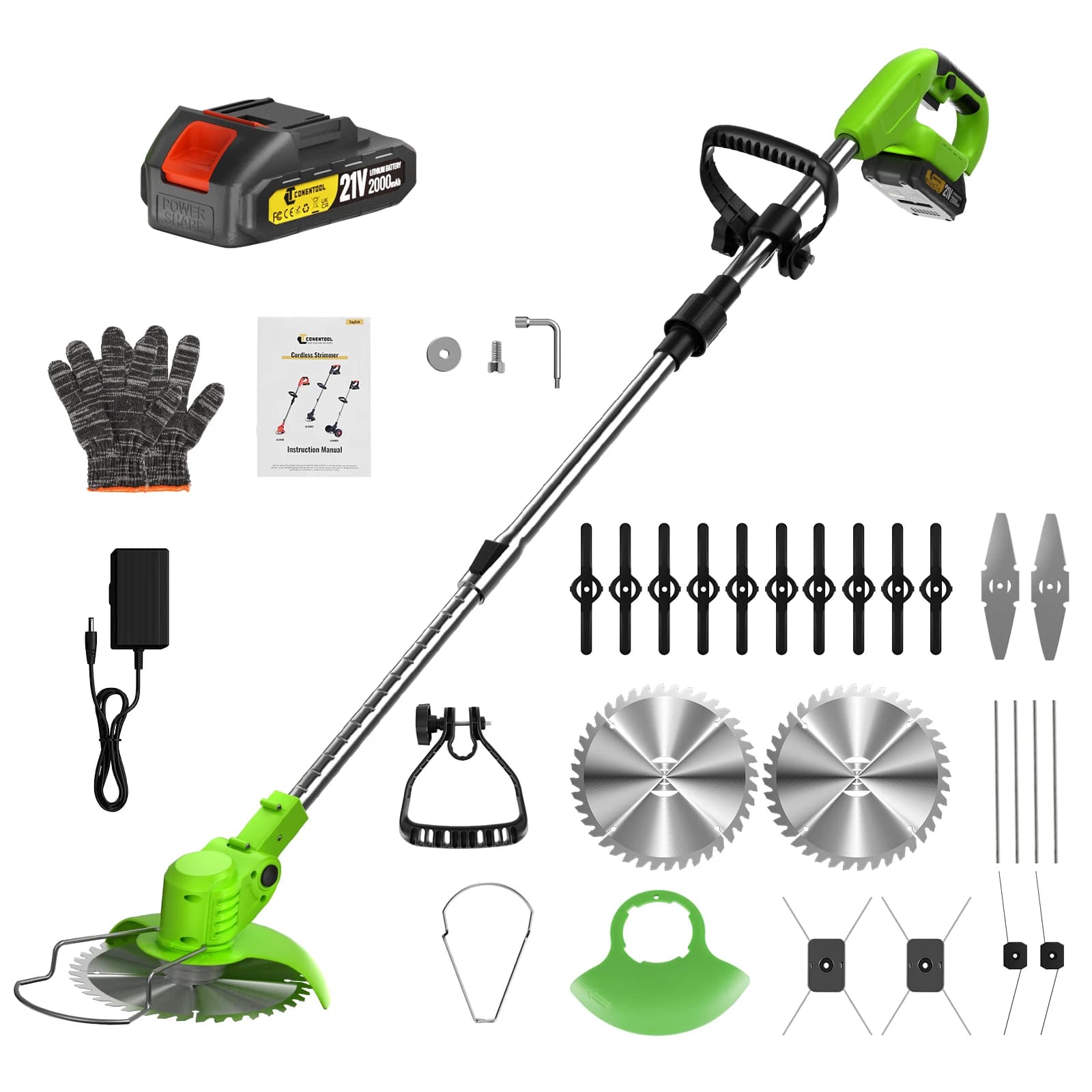 CONENTOOL 6 Inch Cordless Grass Trimmer 15000RPM Lawn Mower Foldable Adjustable Weed Eater 2x2000mAh for Makita 18V Battery Pin