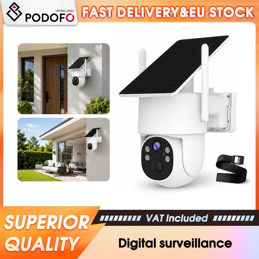 Podofo 2K 4G LTE Solar Battery Security Camera Kit with Solar Panel & 64G SD Card Outdoor Wireless Surveillance Cam Color Night Vision IP Waterproof AI Vehicle Detection Wire-Free Monitor for Backyard Garden Garage Farm