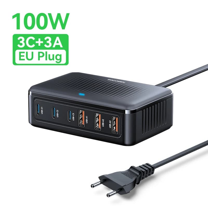 Rocoren USB Charger 100W GaN Charger 6-ports Desktop Fast Charging Type C Charger Portable Power Station For iPhone Xiaomi POCO
