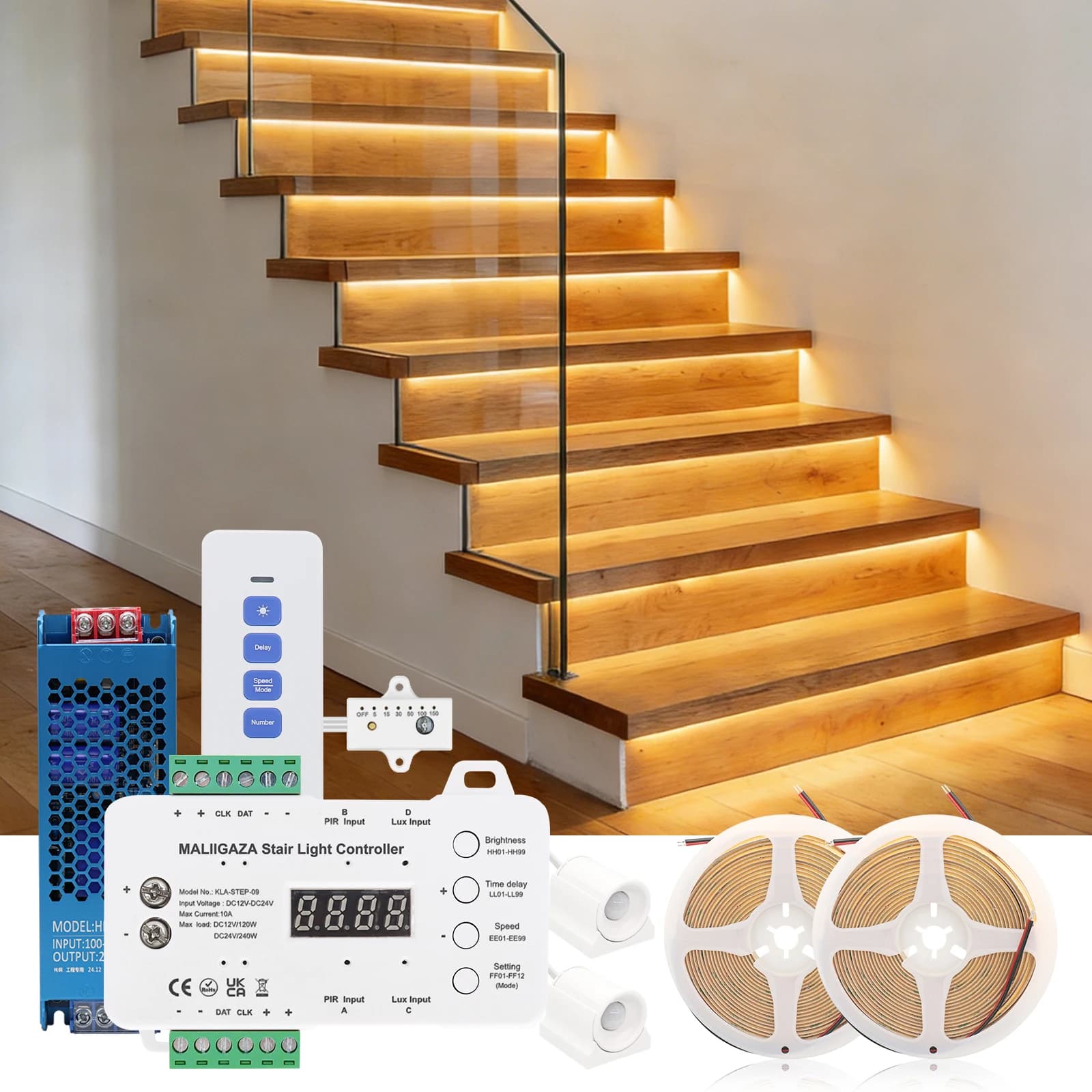 16/20 Steps Sensor LED Stair Light PIR Motion Sensor Stair Lighting COB LED Strip Kit With Plug For Indoor LED Staircase Light