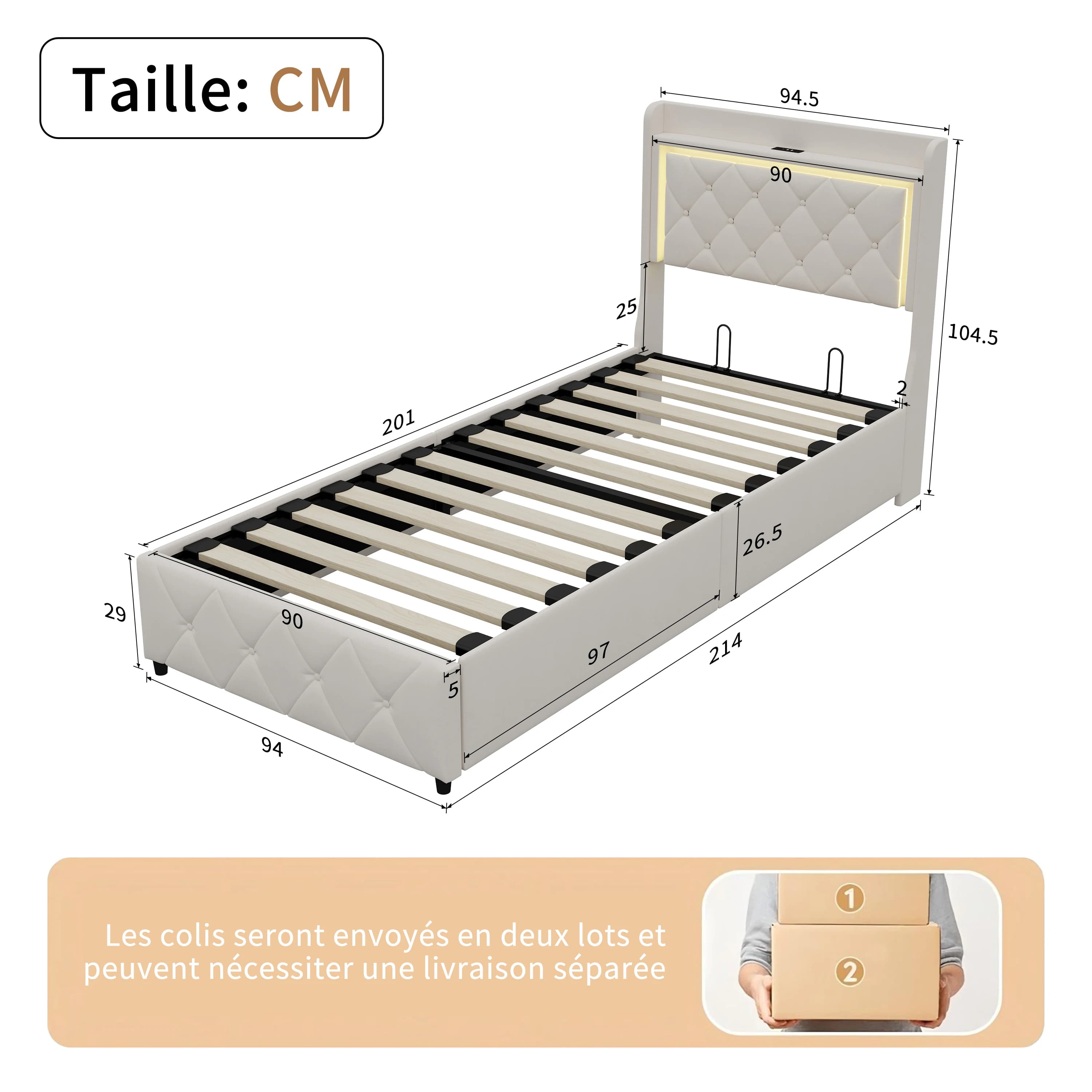 ROSAHQNDA Beige Velvet Ottoman Storage Bed, Diamond Tufted Upholstered Bed Frame With LED Headboard & USB Charging Ports, Hydraulic Lift Up Underbed Storage Platform Bed For Bedroom, Standard Sizes Available, Mattress Not Included