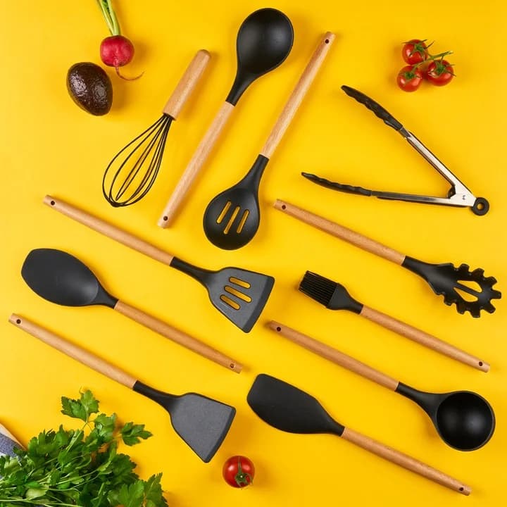Silicone Kitchen Utensils Set with Wooden Handle Non-Stick Cooking Tools Spatula Spoon Tongs Whisk Brush Kitchenware Set