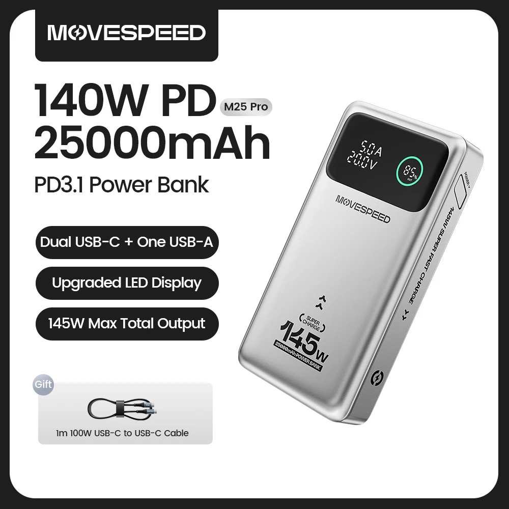 MOVESPEED M25Pro 140W Power Bank 25000mAh PD3.1 Fast Charge Portable External Battery 100W Powerbank for MacBook Notebook Laptop