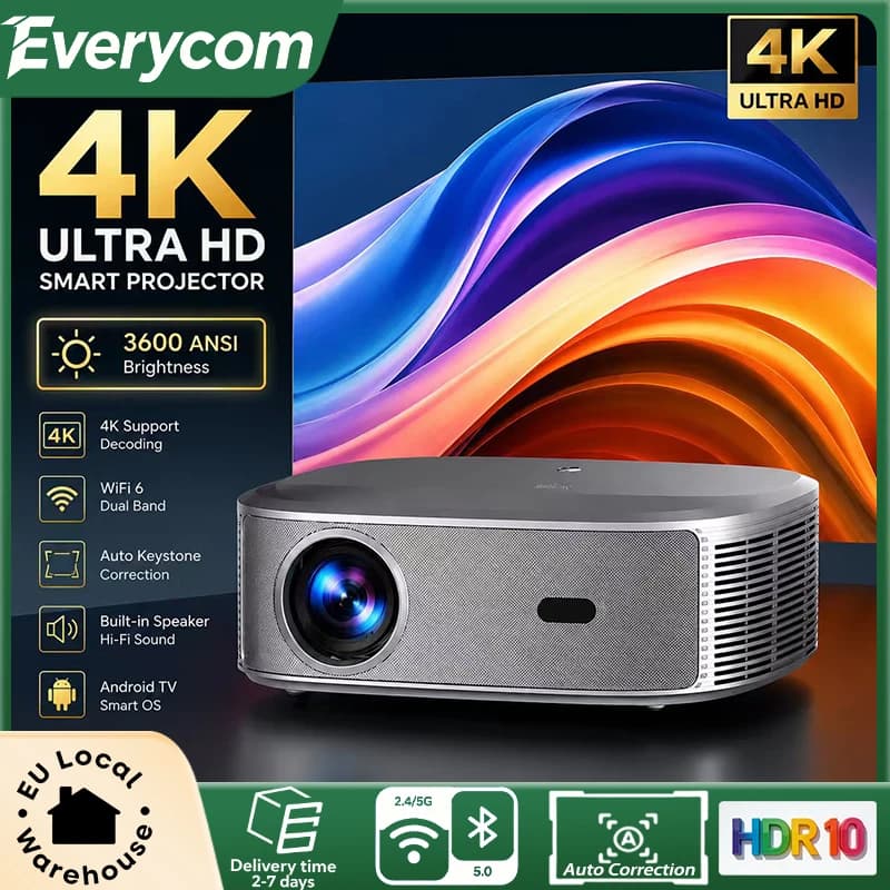 Everycom HQ11W Outdoor Movie Projector 3600ANSI 4K HDR10 WiFi6 Auto Focus 3G+64G Android 15 for Backyard Camping Cinema