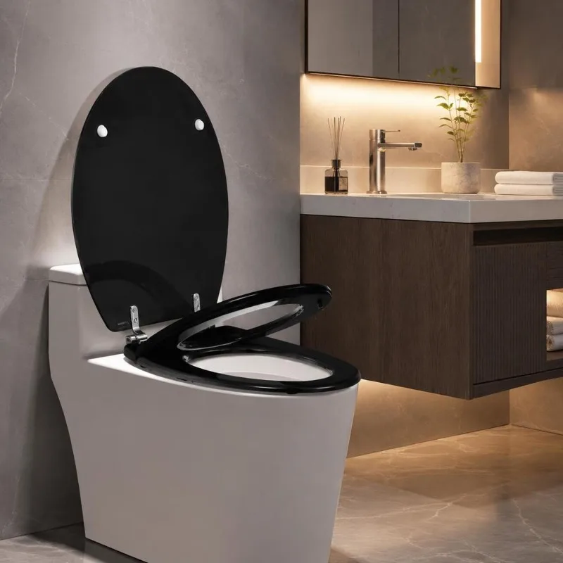 2 Pack MDF Toilet Seat, Black Wood Grain Soft Close Lid, Sturdy Zinc Alloy Hinges, Easy To Clean And Durable, Fits Standard Bathroom Toilets, Adjustable Installation 12-20 Cm
