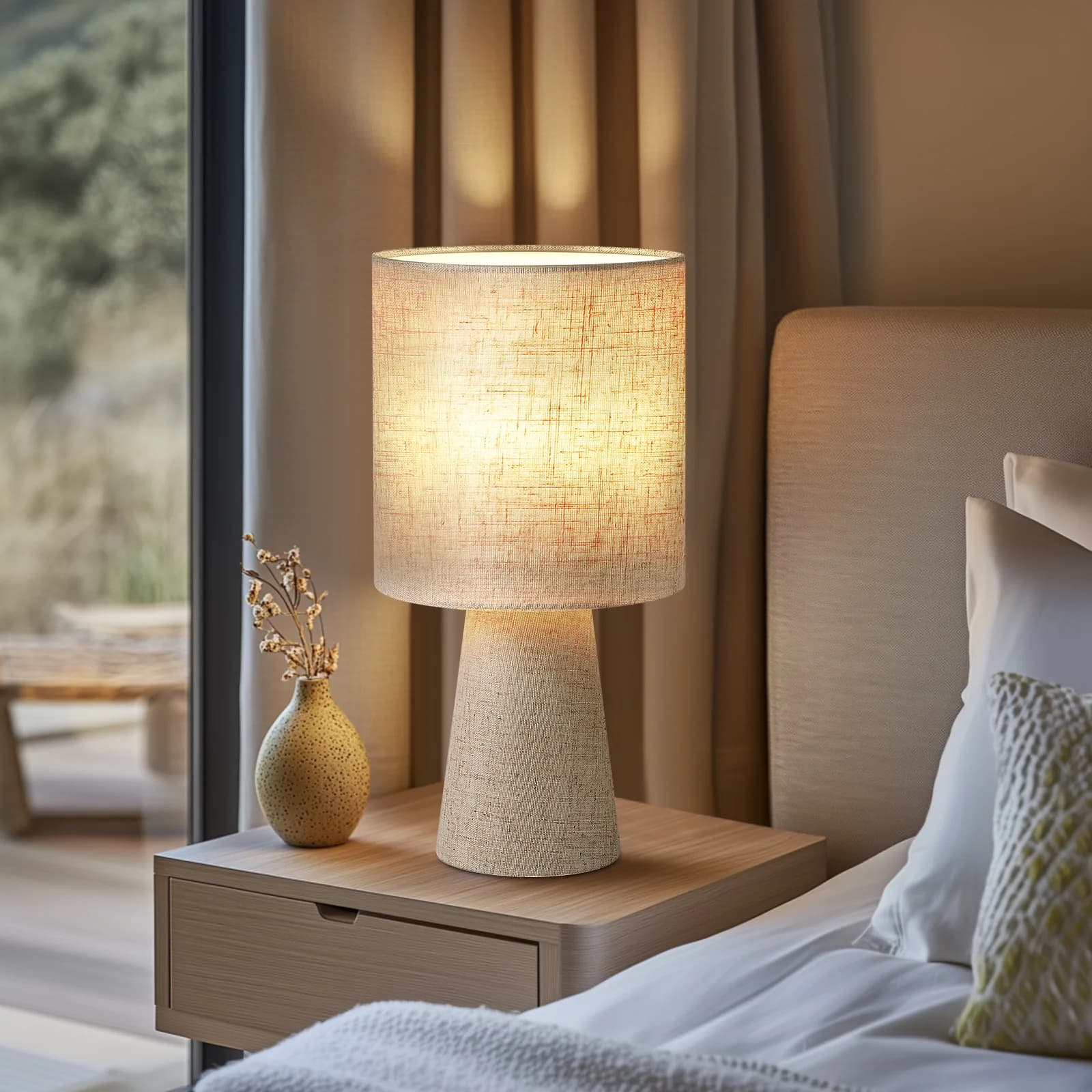Bedside Lamp Solid Wood Fabric Table Lamp For Bedroom Wooden Desk Lamp Bedside Night Light with Cylinder Lamp Shade Home Decor Creative Atmosphere Light Decoration