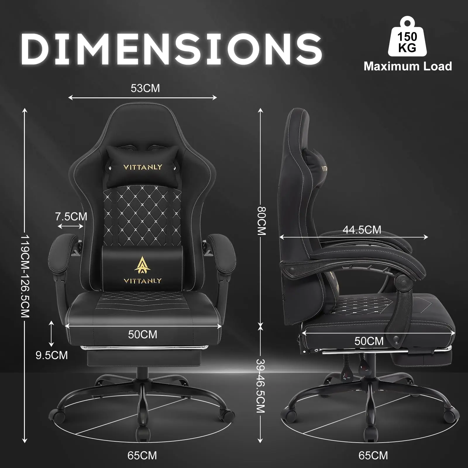 Vittanly Gaming Chair with Spring Cushion, Ergonomic Gaming Chair, Gamer Chair with Headrest, Lumbar Cushion and Footrest, Height-Adjustable Rotating Gaming Chair, Office Chair, 150 kg