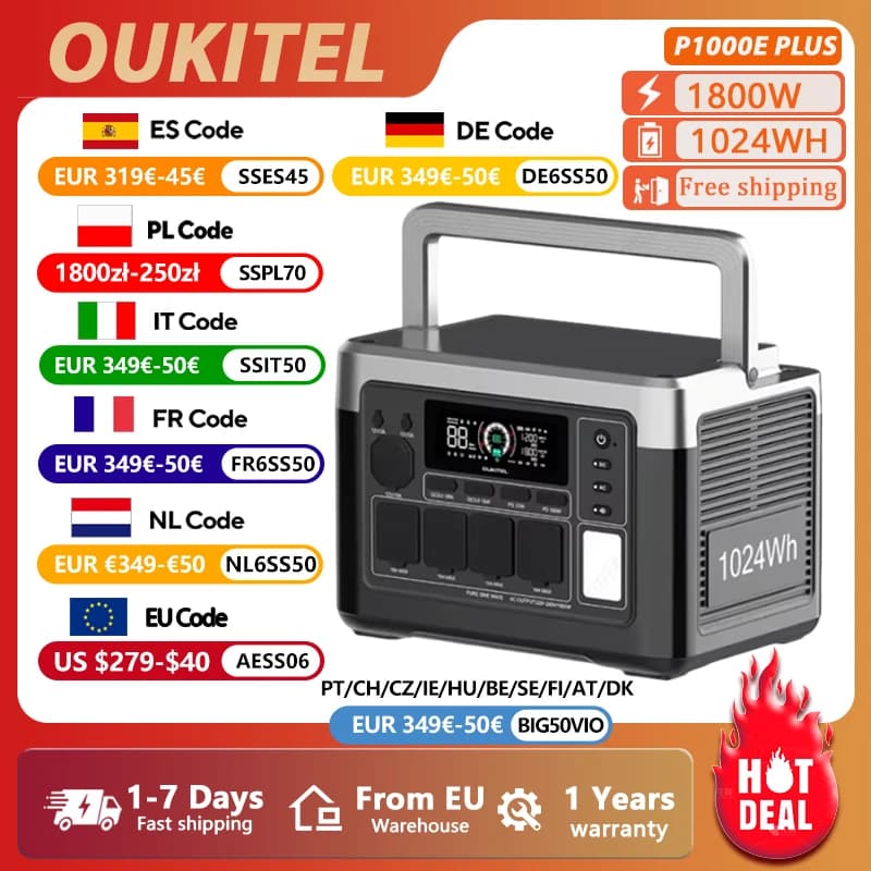 OUKITEL P1000 PLUS Portable Power Station 1800W Solar Generator 1024Wh Lifepo4 Battery Home Backup Outdoor Camping Mobile power