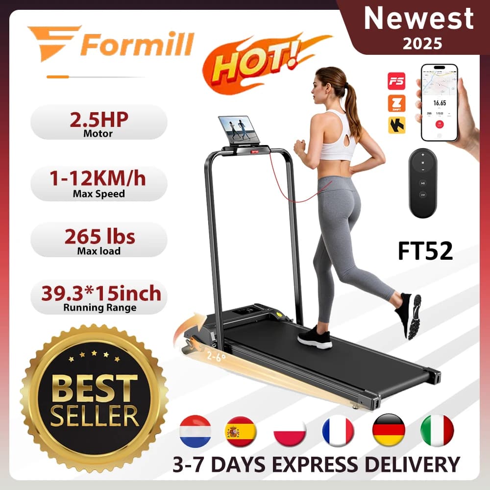 Formill FT52 4-in-1 Foldable Treadmill 2.5HP, 12km/h, 3-Level Manual Incline, 265lbs Load, Silent LED, Shock-Absorbing Home Use