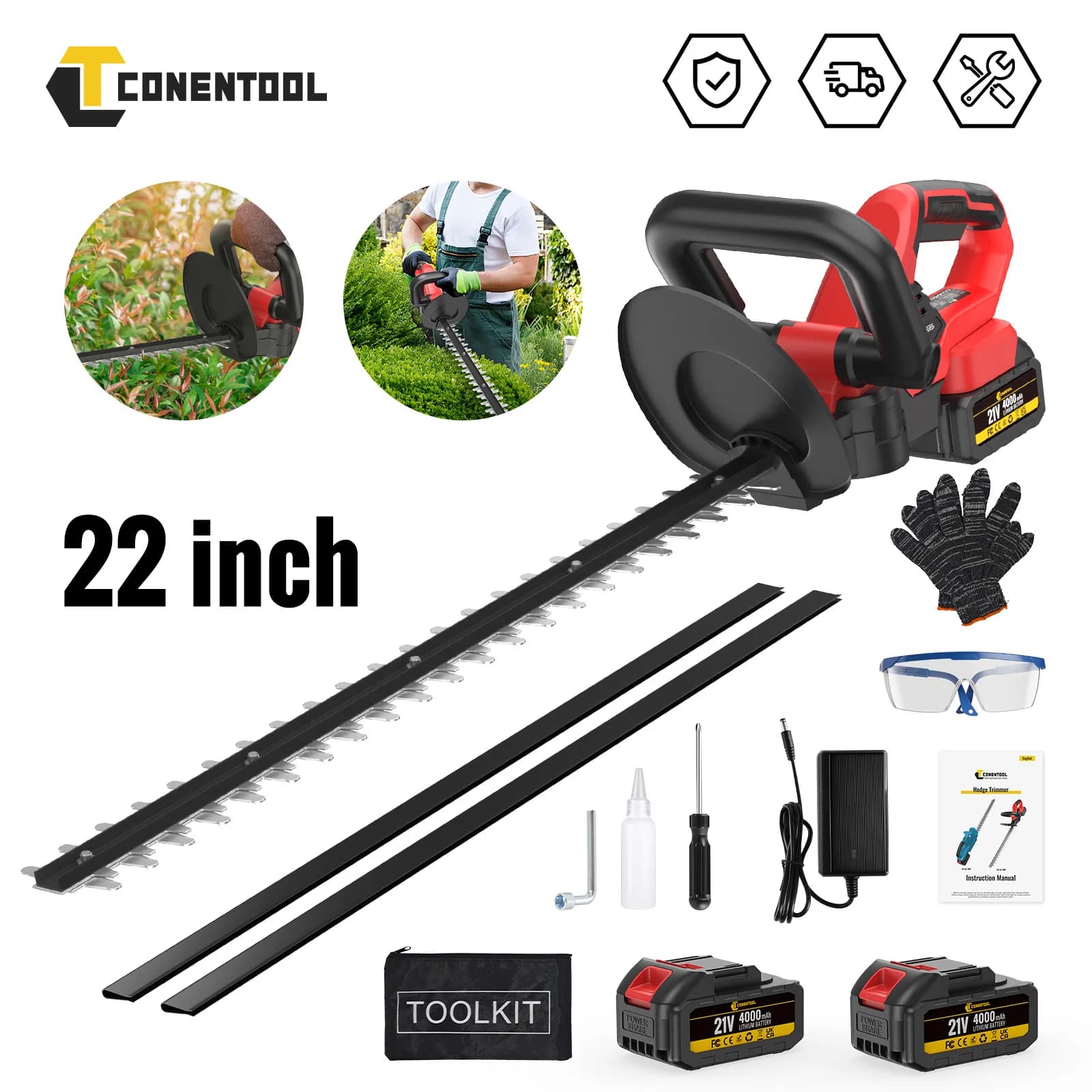 CONENTOOL 22 Inch Cordless Electric Hedge Trimmer Handheld 56cm Lawn Mower Landscaping Hedge Pruner For Makita 18V Battery Pin