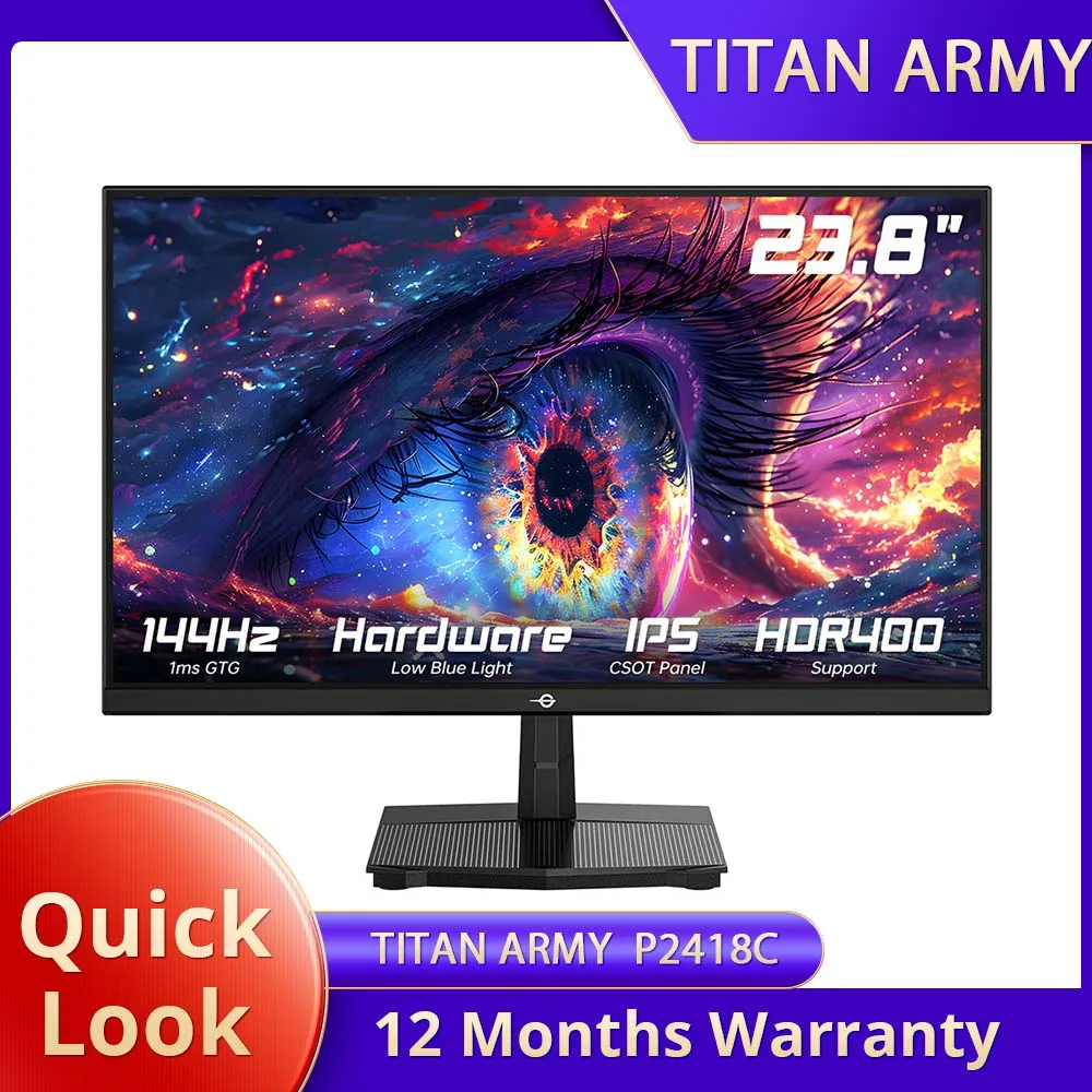 TITAN ARMY P2418C Flat 16:9 23.8 Inches IPS FHD 144Hz Office Monitor, 1920x1080 Resolution Max, 3-Sided Bezel-Less Design, 16.7 Million Colors, 8bits, 350 cd/m² Brightness, 100x100mm VESA Mounts